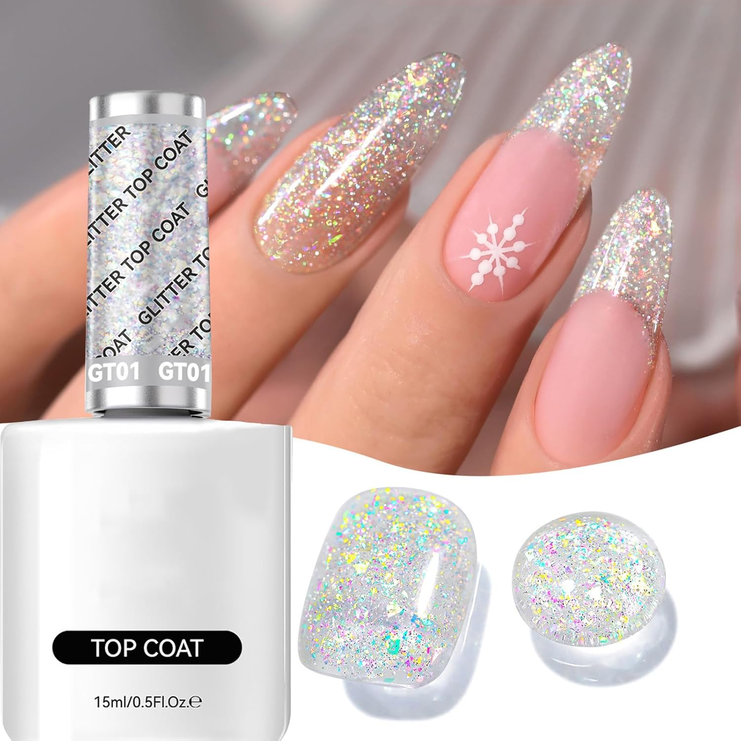 Gel Nail Polish - Glitter Top Coat | Base Coat |15Ml Soak off Gel with Glitter Shine for Long Lasting Salon Results at Home Travel Parties Compact Nail Varnish Bottle image number 2