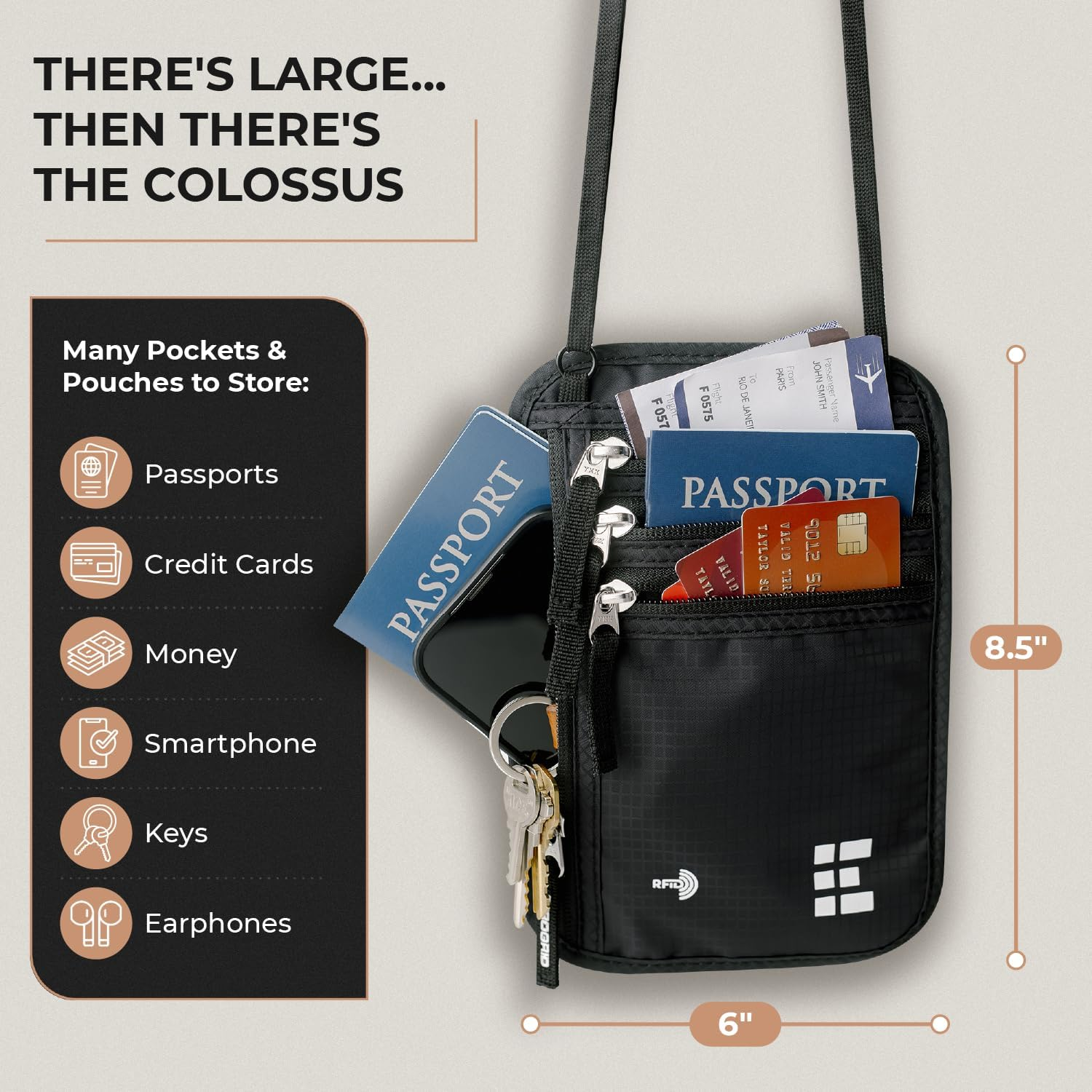 Travel Neck Wallet with RFID Blocking, Travel Neck Pouch Passport Holder for Women and Men, Black, X-Large, Rfid Wallet image number 6