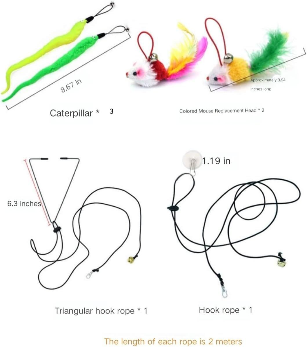 Cat Toys Wand Set with Suction Cup &ndash; 20 Pack Interactive Cat Teaser Toys with Feathers, Bells, Butterfly & Mouse Attachments &ndash; Retractable Wand & Sturdy Suction Base for Indoor Cats & Kittens AUPOINT