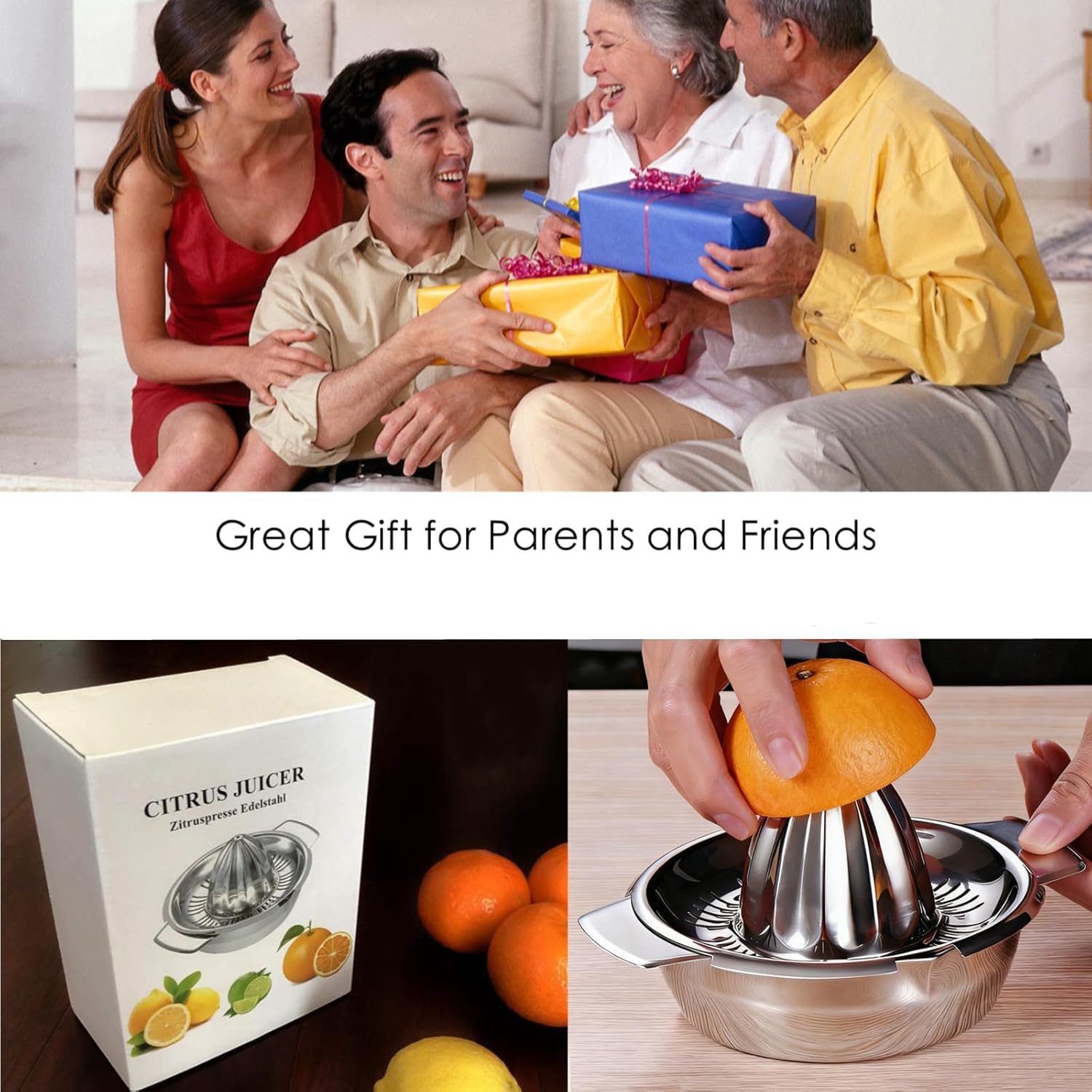 EP Leben 304 Stainless Hand Juicer Rotation Press with Strainer＆10Oz Bowl, 2 Pour Spouts, Citrus Lemon Orange Grapefruit Juicer Manual Squeezer, Easy to Clean, Dishwasher Safe image number 1