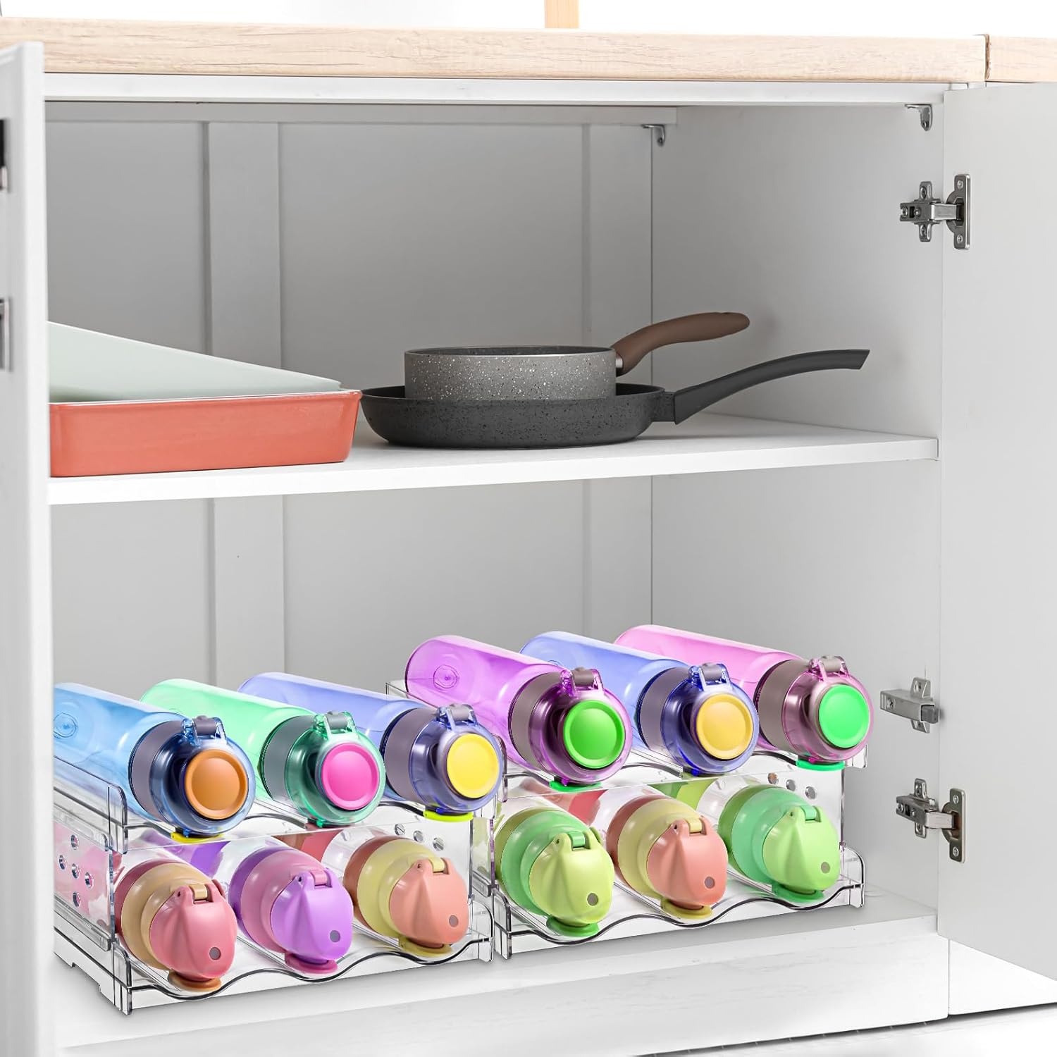 Bottle Holder Cupboard, Bottle Storage, Bottle Rack Stackable for Fridge/Kitchen Countertop Storage/Cupboard/Wine/Bottle, Bottle Organiser, Pack of 2, Each Shelf Holds 3 Containers image number 1