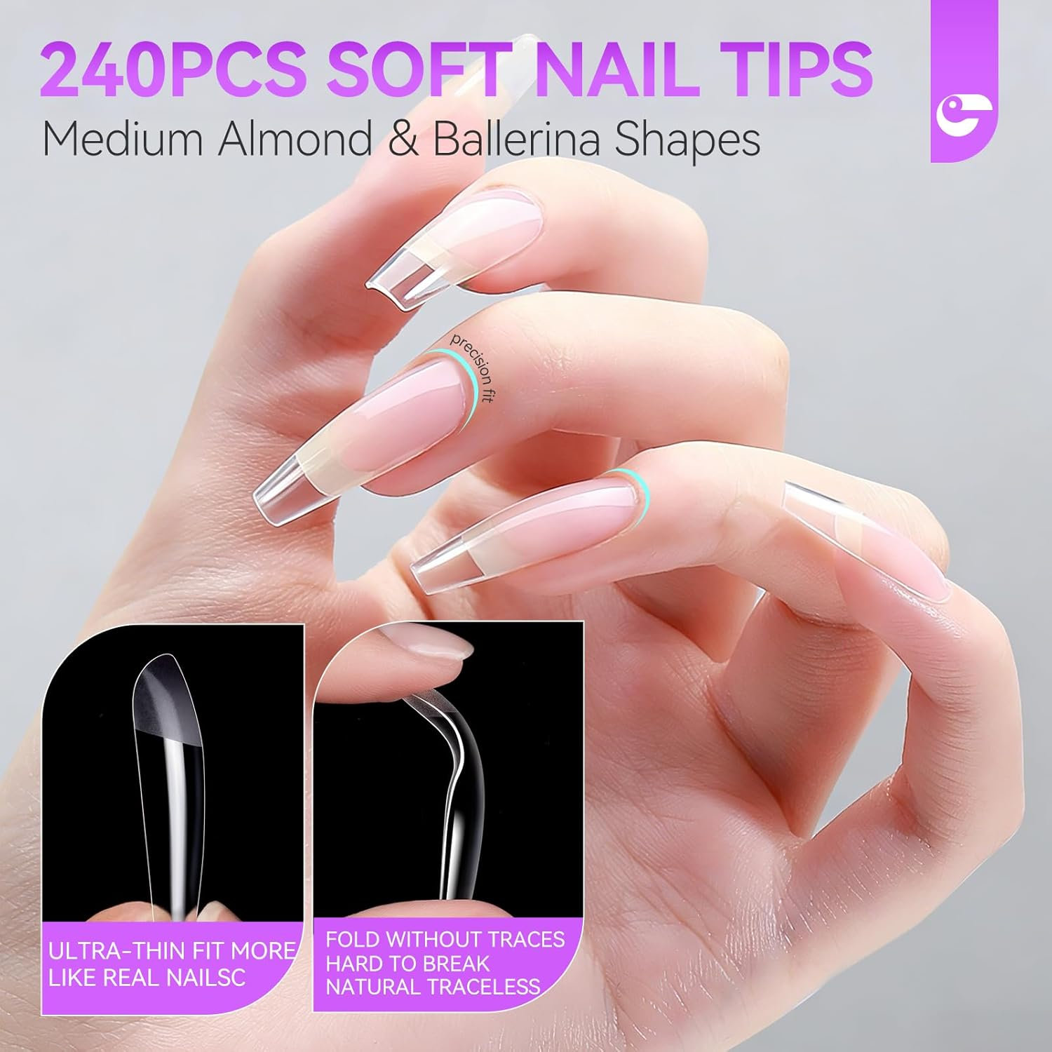 Gelike EC Soft Nail Tips and Glue Kit Uprage Version with Nail Glue, 240 Pieces Medium Almond and Medium Ballet Nail Tips, Nail Clippers, Nail File image number 2