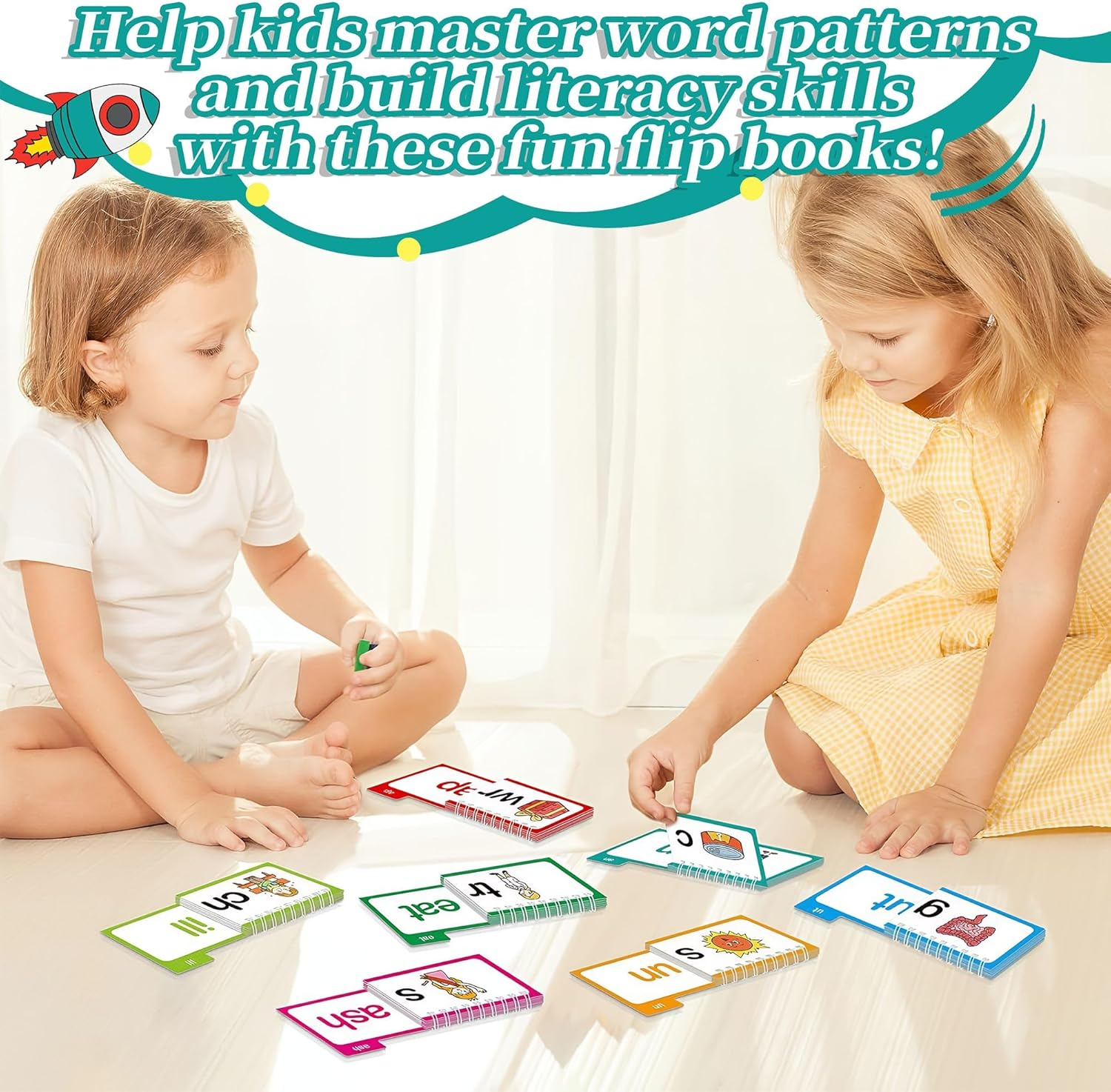 30 Read and Rhyme Flip Books - Word Family Phonics Flash Cards, ABC Vocabulary Set, Preschool Learning Activities&ndash; Learn to Read Card Aids for Kids, Kindergarten Reading Games Educational Gift Set image number 4