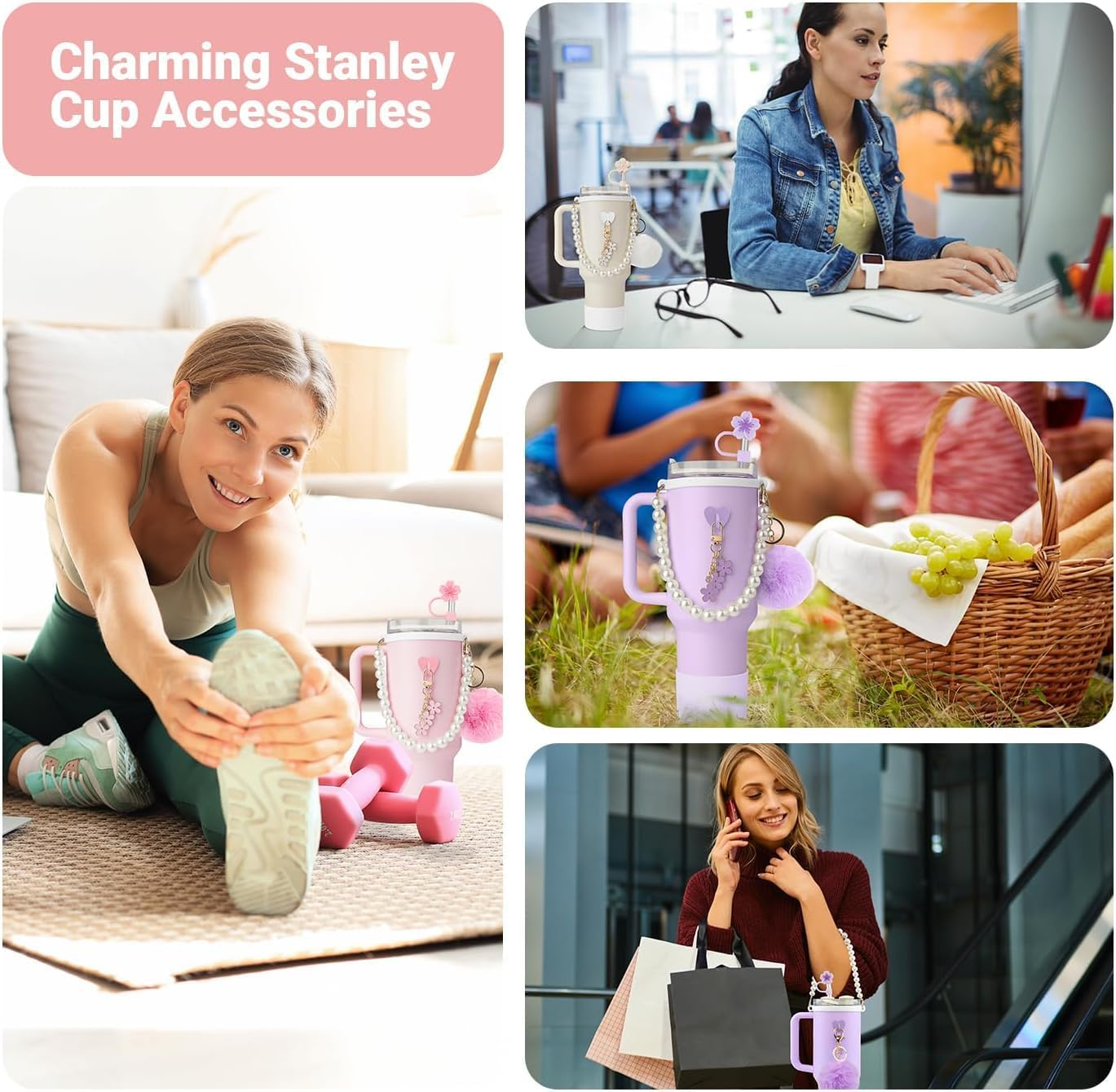 7Pcs Tumbler Cup Accessories Set,Stanley Cup Accessory Set,Compatible with Stanley Cup 40Oz & 30Oz Tumbler,Including Water Bottle Handle Strap, Silicone Boots, Silicone Straw Cap (Pink) image number 3