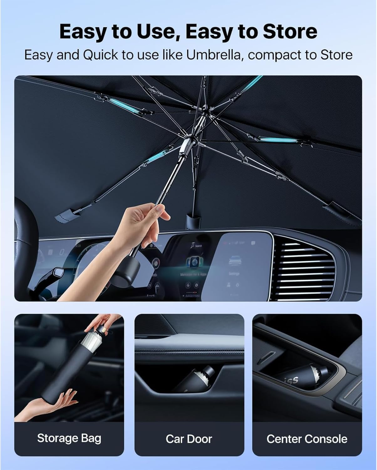 Car Windshield Sun Shade Umbrella - [Latest Vinyl Coating] Protects against Sun Rays & Heat, Keeps Car Cool, Prevents Interior Damage, Medium (145Cm X 82Cm) image number 4