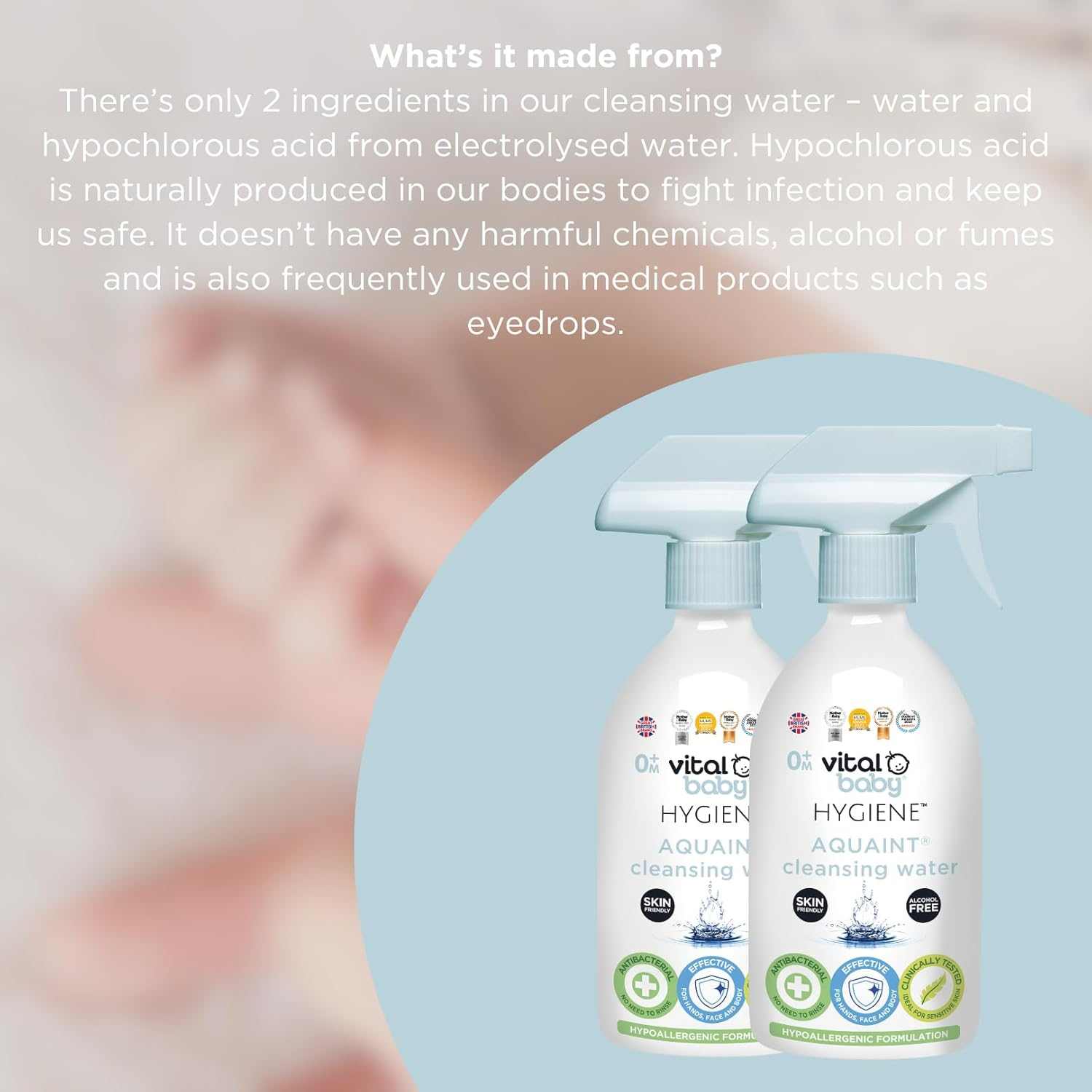 Vital Baby Hygiene AQUAINT&reg; Sanitising Water Kills 99.9% of Germs - Baby Safe - No Alcohol, Fragrance or Harmful Chemicals &ndash; Safe to Swallow &ndash; Sanitise Baby Bottles, Soothers, Toys & Surfaces - Vegan image number 1