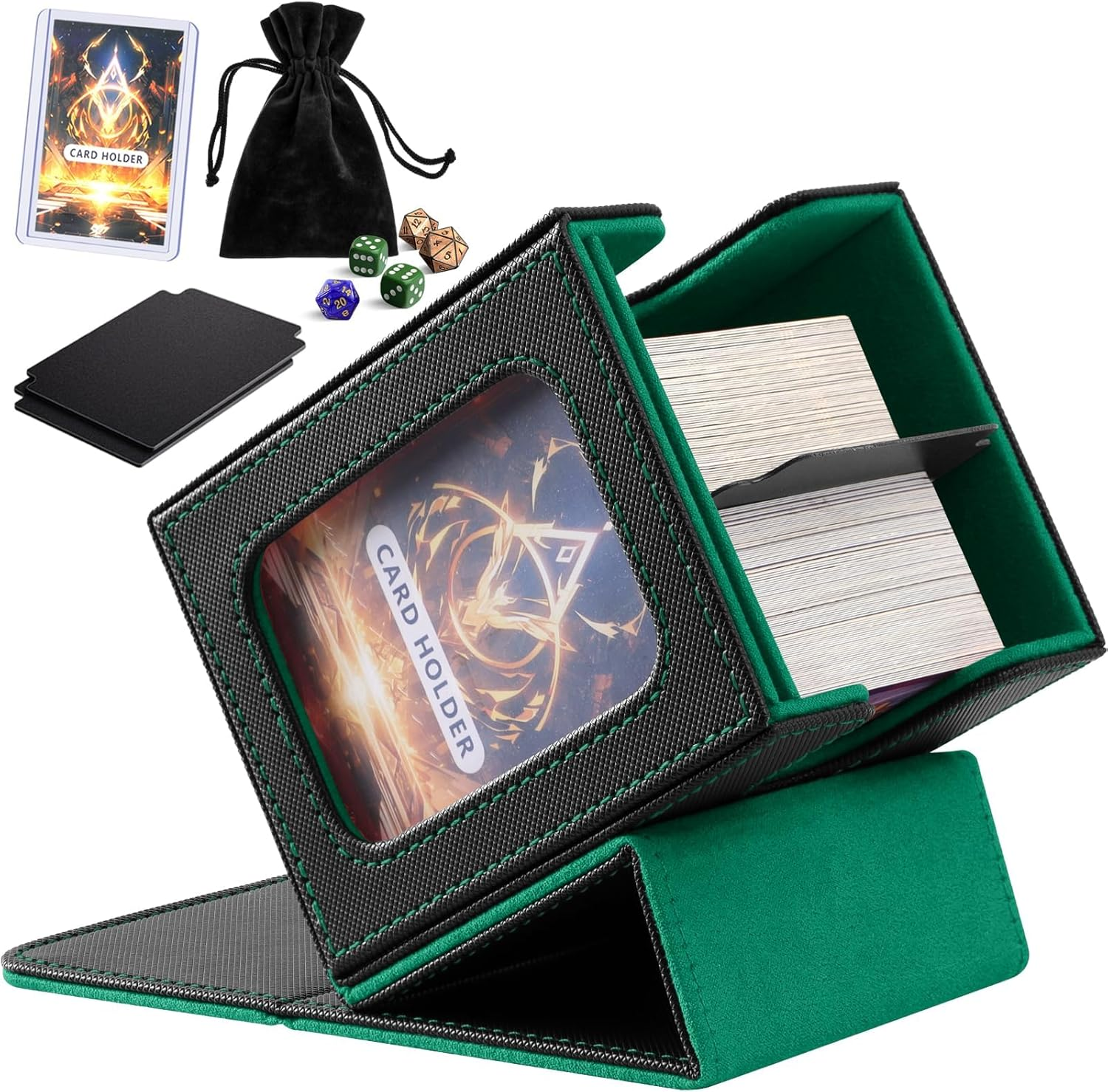 Card Deck Box with Commander Display, Storage Box Holds 100+ Double Sleeved Cards, Game & Sports Case with 2 Dividers, 1 Top Loader and 1 Dice Bag (Red)