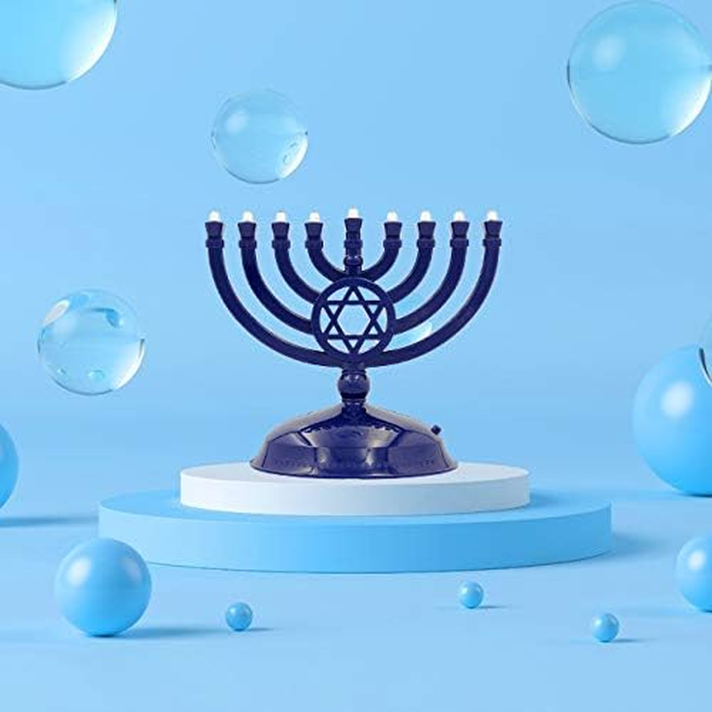 The Dreidel Company Mini Electric Menorah Traditional LED Travel Menora, Batteries or USB Powered, Micro USB 4' Cable Included (Blue) image number 3
