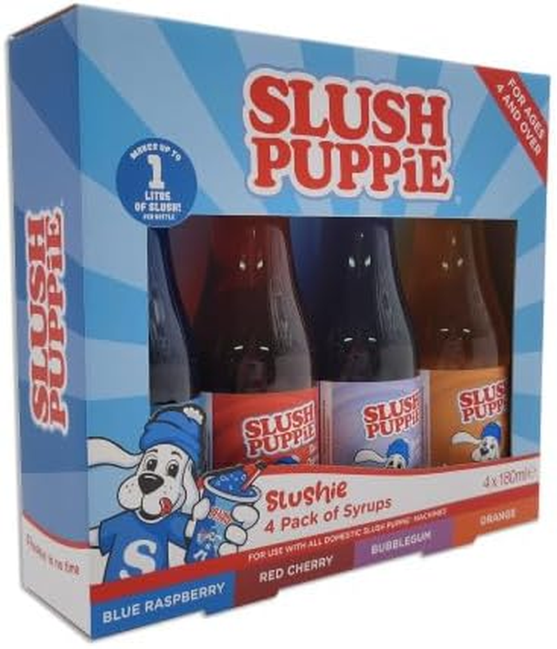 Slush Puppie, Syrup 4 Pack 180Ml, Blue Raspberry, Cherry, Bubblegum, Orange, Make Frozen Drinks at Home, Official Fizz Creations Kit Refill