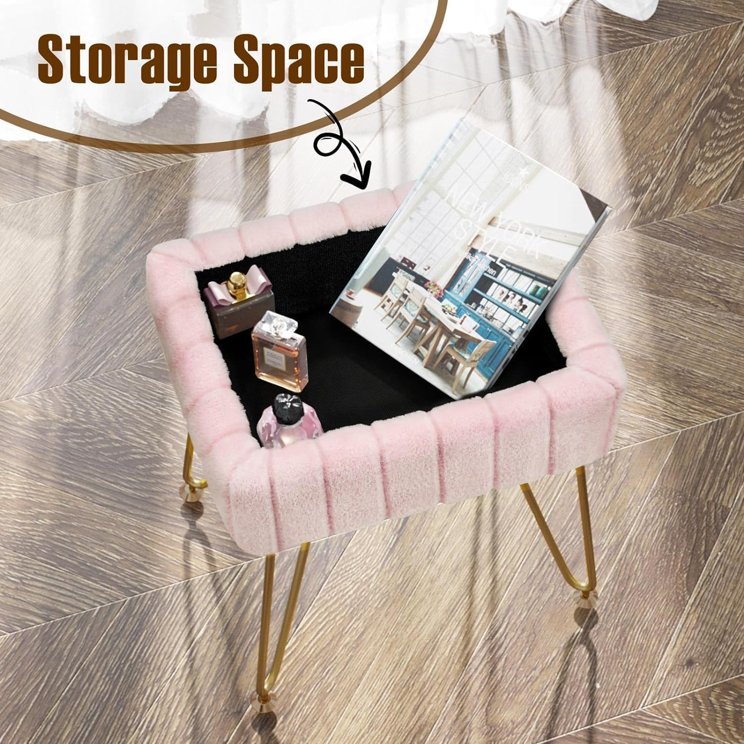 Homodoskey Vanity Stool Chair with Storage, Faux Fur Makeup Chair for Vanity, 15.7"L X 11.8"W X 19.4"H Soft Ottoman 4 Metal Legs with Anti-Slip Feet, Modern Multifunctional Chairs for Bedroom (Pink) image number 6
