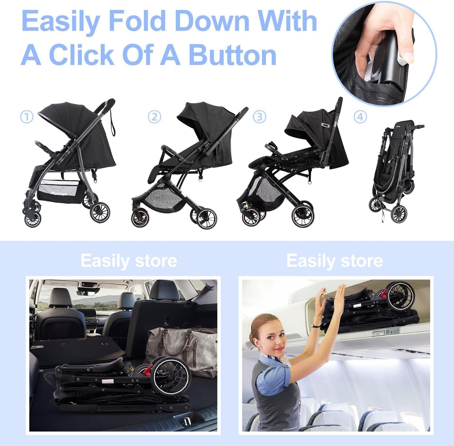 Lightweight Baby Stroller, Compact Travel Stroller for Airplane with One-Click Fold, Toddler Stroller with Adjustable Backrest & Canopy, Large Storage, Large Seat Area, Steel Frame for Travel and More image number 1