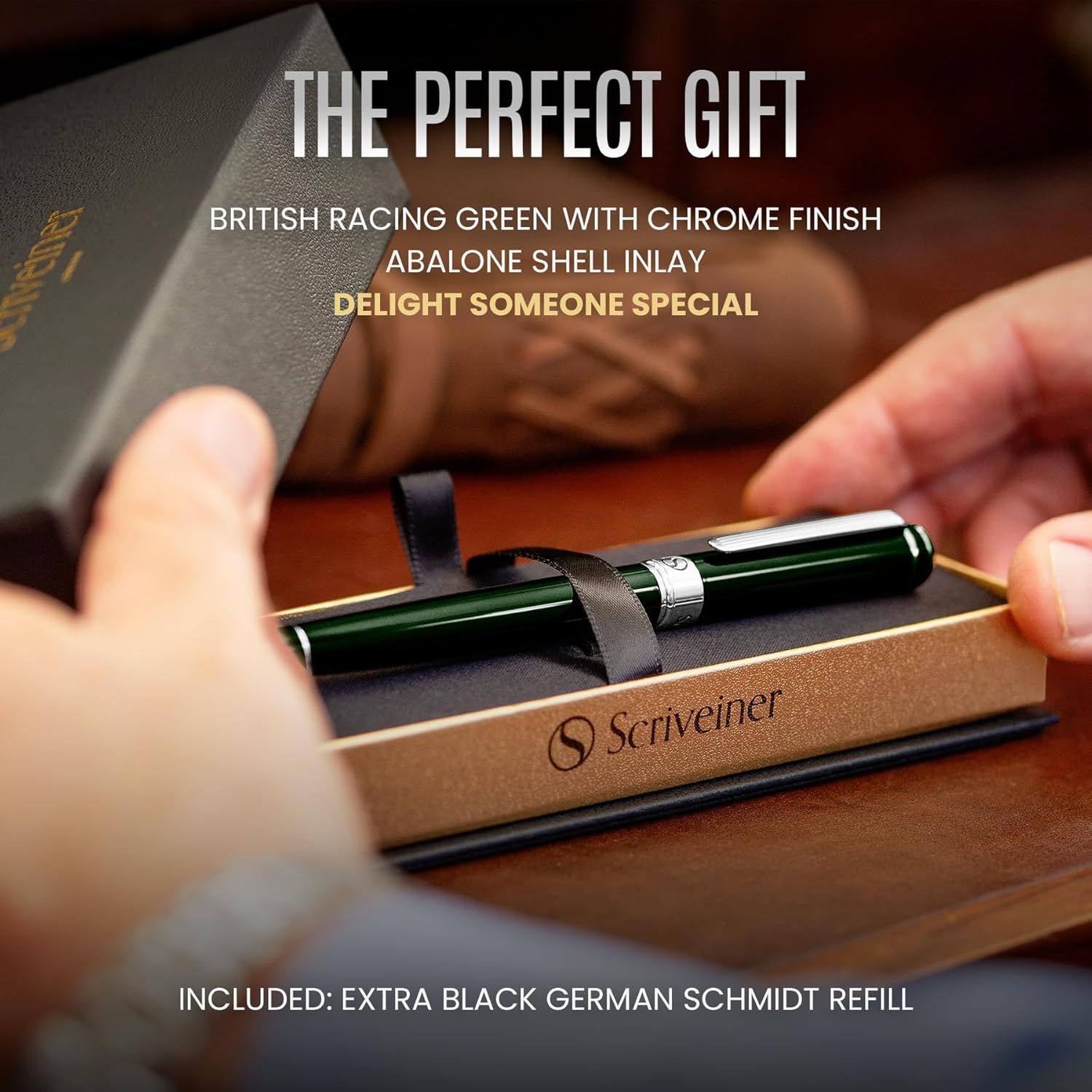Scriveiner British Racing Green Rollerball - Stunning Luxury Pen with Chrome Finish, Schmidt Ink Refill, Best Roller Ball Pen Gift Set for Men & Women, Professional, Executive Office, Nice Pens image number 2
