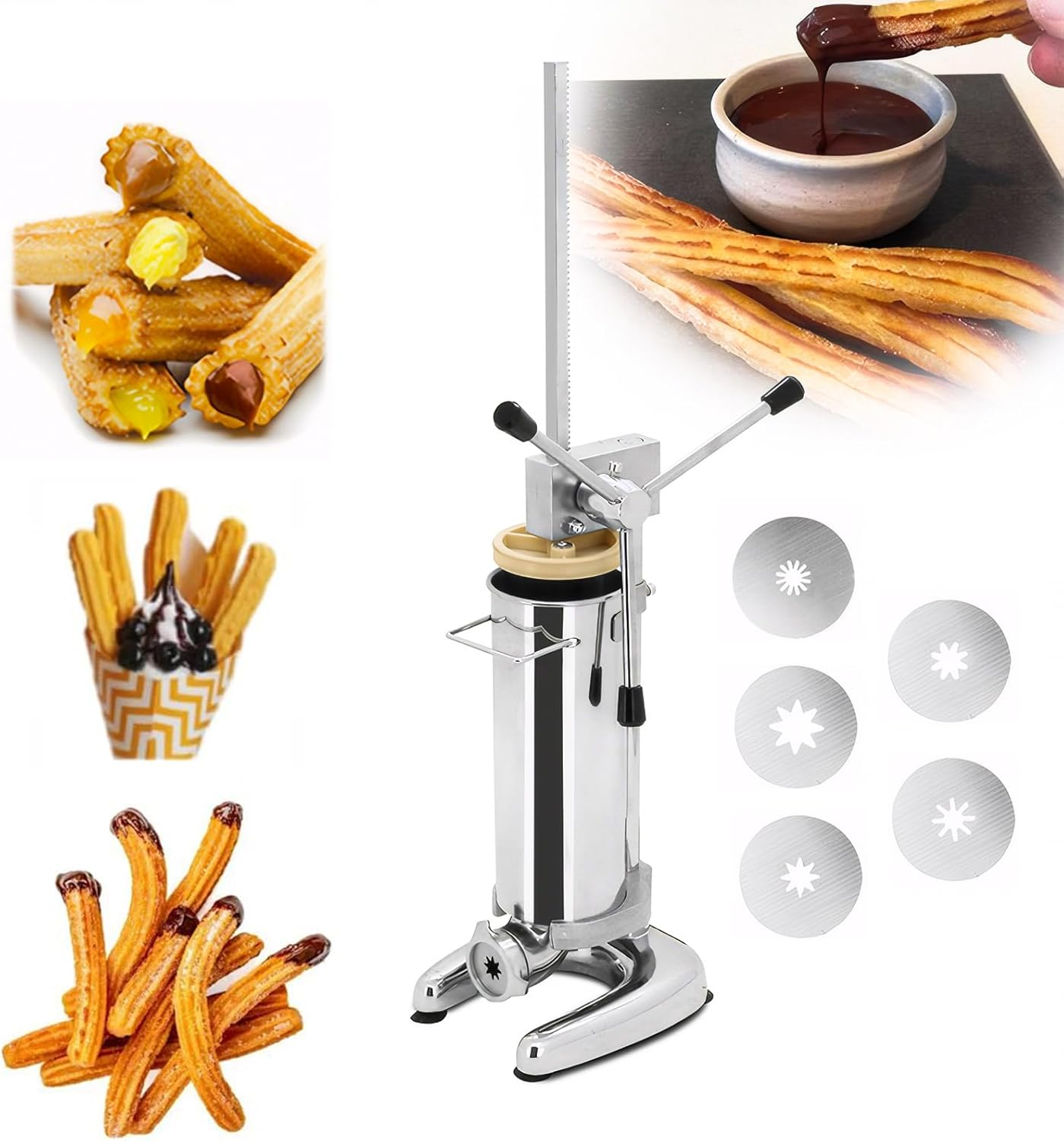 Peiqi Manual Churro Maker Commercial Manual Latin Fruit Machine Spanish Doughnut Filler Filling Machine with 5 Nozzles, for Home Commercial Restaurants Cafeterias Bakerie (3L)