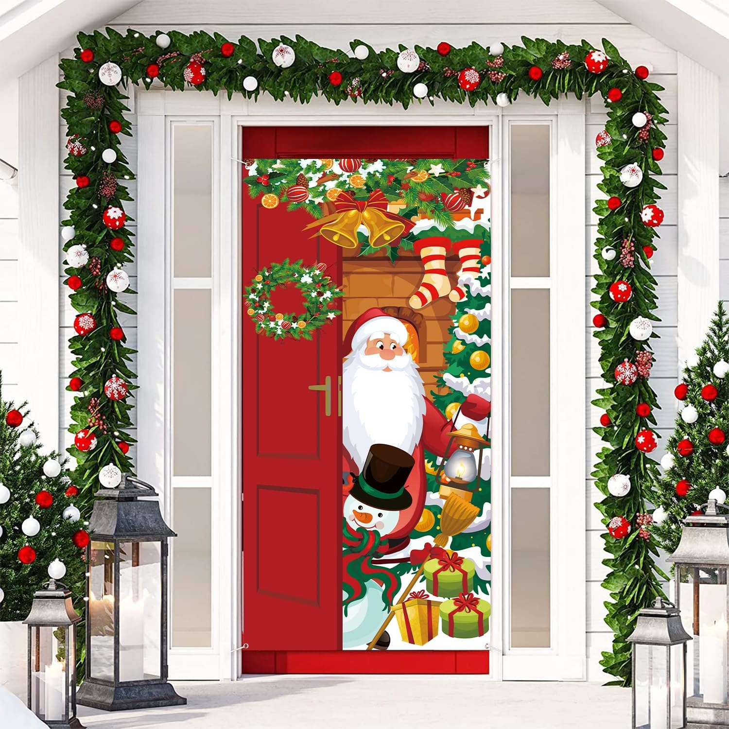 Lasuroa Christmas Door Cover, 73 X 36In Santa Claus Door Cover Outdoor Decorations Xmas Hanging Doorplate Garage Door Banner Party Favors Decor for inside & outside Use image number 5