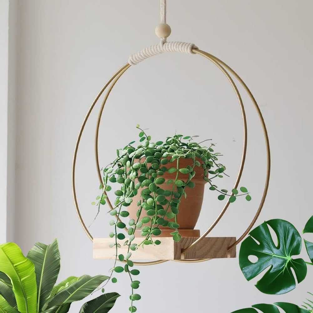 Hanging Planter with Wood Base, Modern Macrame Plant Hanger for Indoor Outdoor Wall Ceiling Window Boho Home Decoration, Gold (Planter/Plants Not Included) image number 6