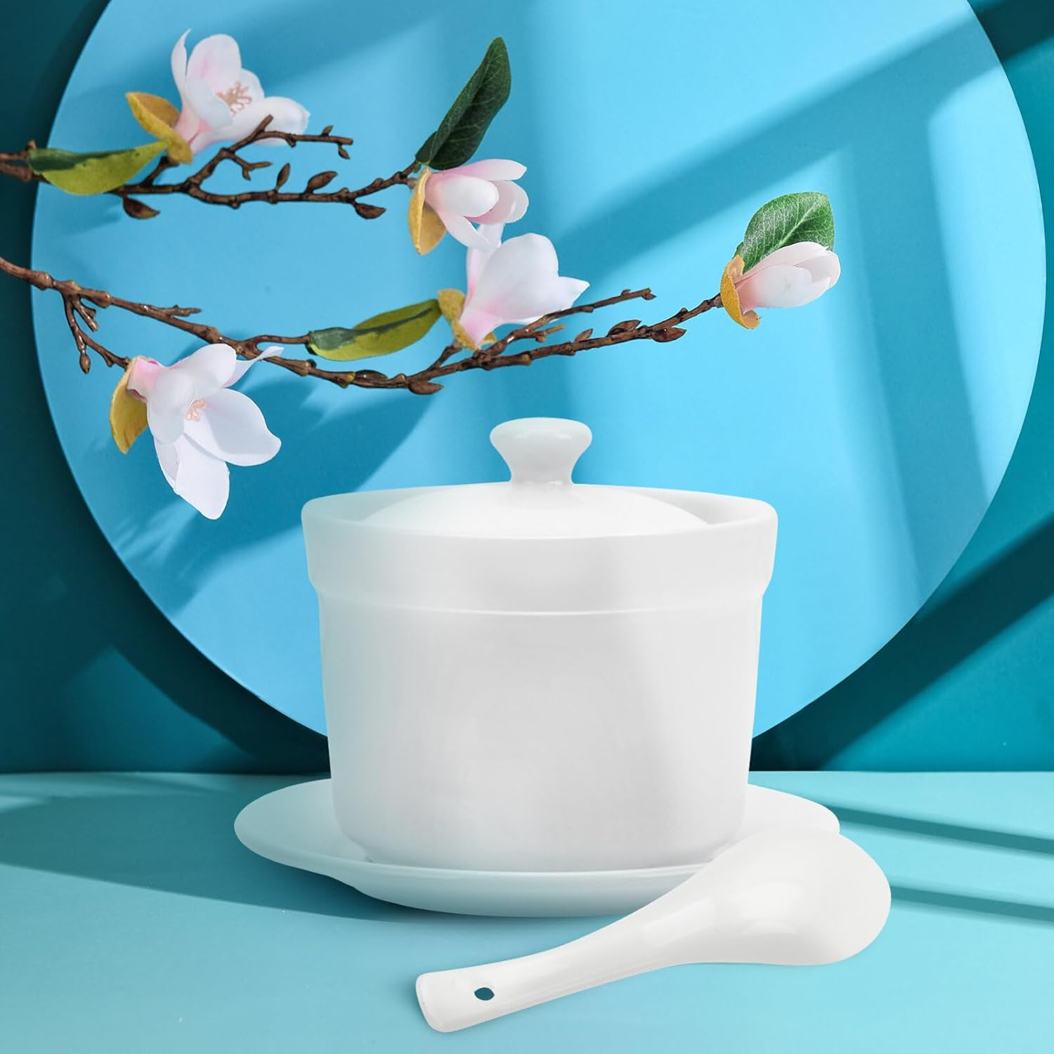 Angoily 1Set Ceramic Stewing Bowl Lid Delicate Soup Bowl for Restaurant Use for Steamed Eggs Soups and Desserts Spoon and Plate Safe for Microwave and Dishwasher image number 4