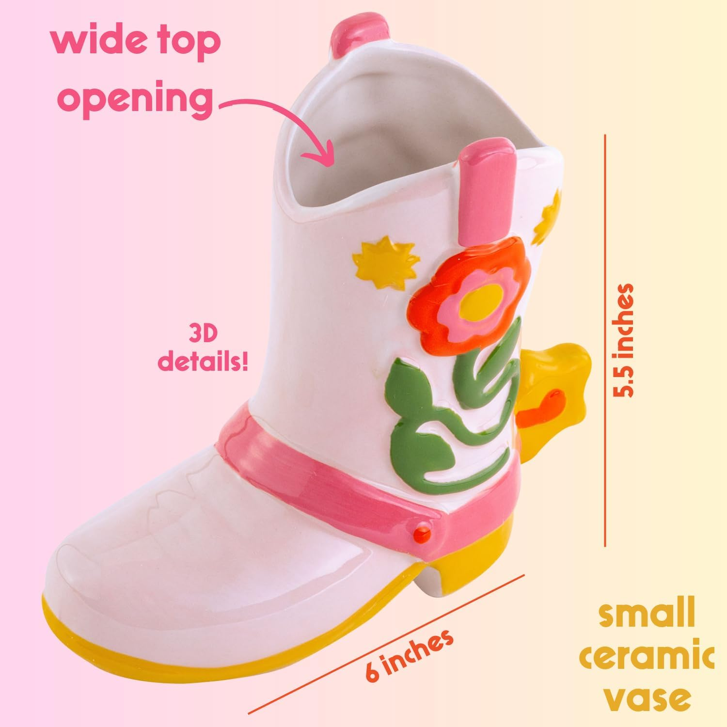 Ban.Do Small Cowboy Boot Vase, Colorful Ceramic Shelf Decor for Home or Office, Unique Flower Vase Doubles as Pencil Cup, Giddy Up, (2304012) image number 6