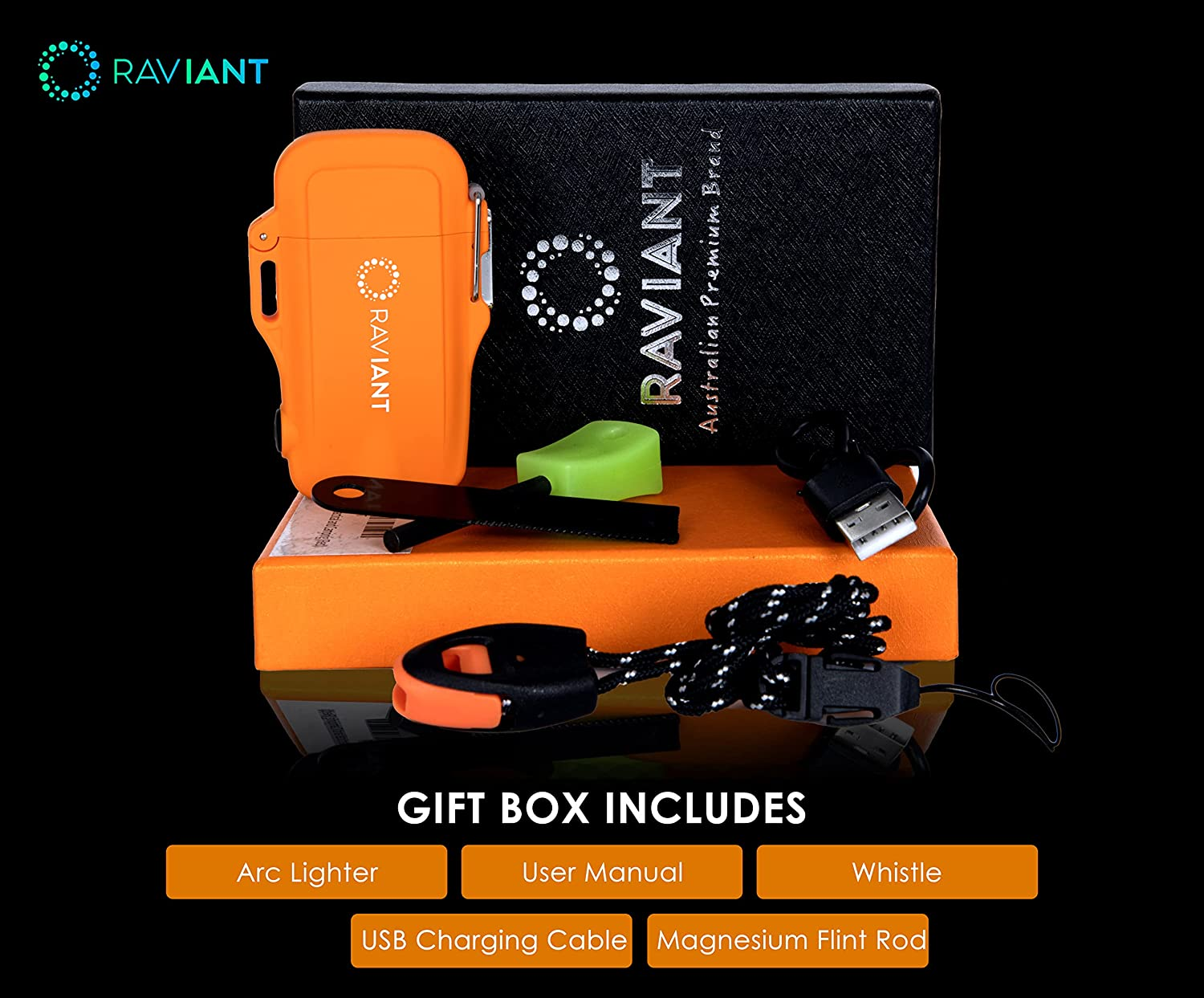RAVIANT Ligher, Electric Plasma Lighter, Rechargeable Electric Lighter- Flameless Dual Arc Lighter with Emergency Whistle, Flint Rod, and USD Cable for Outdoor Adventures (Orange) [100% Aussie-Owned] - Black image number 7