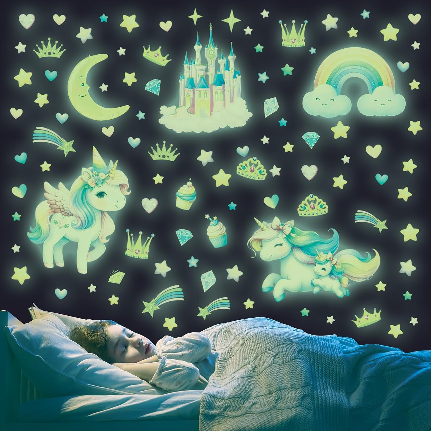 DECOWALL GDS4-8089 Glow in the Dark Unicorn Wall Stickers Decals Kids Stars Glowing Castle Moon Rainbow