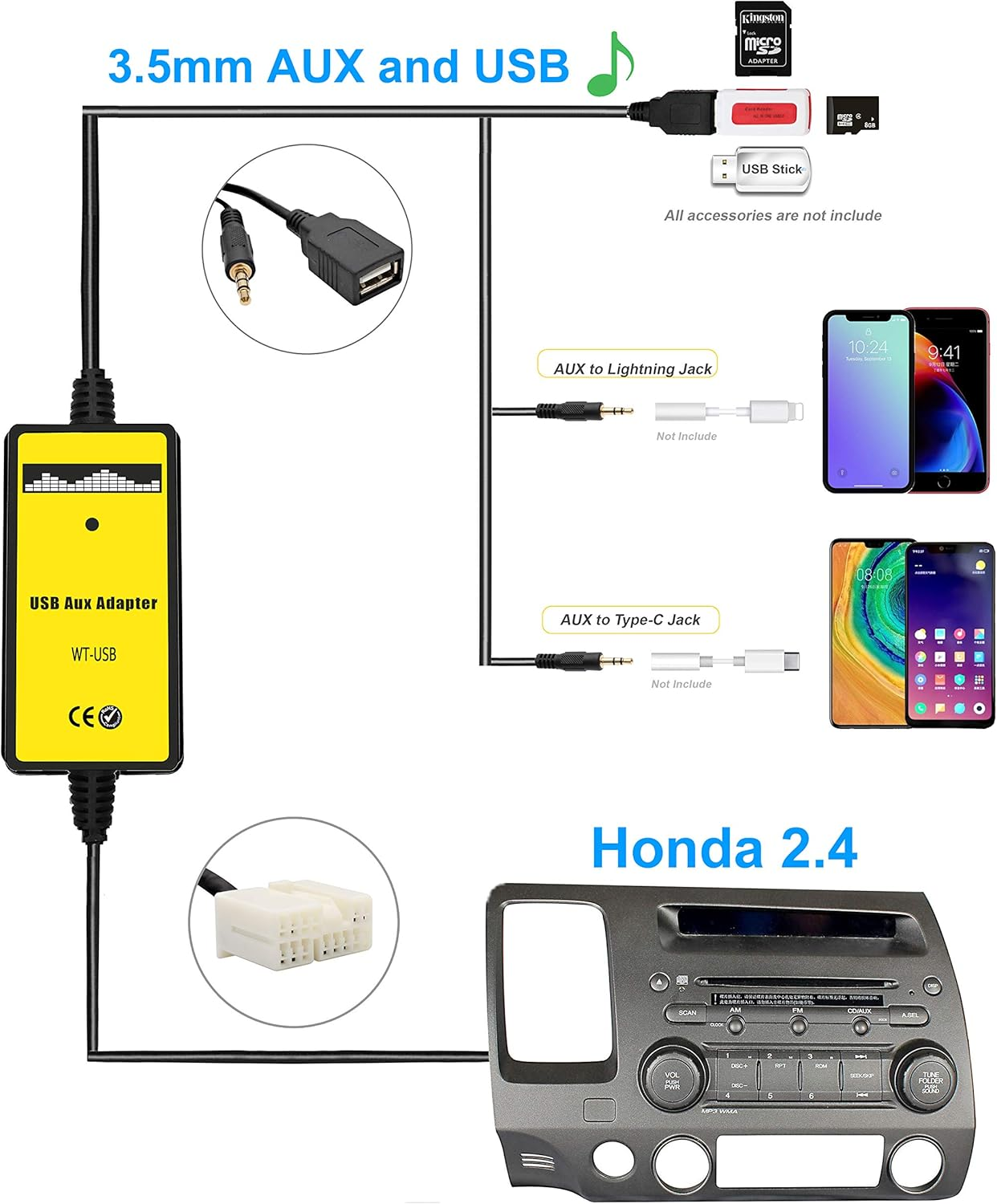 AUX Cord, Car Audio USB AUX Input Adapter Stereo CD Changer Compatible with Honda Accord 2003-2011/City 2002-2011/CRV 2005-2011/Civic 2006-2011/Odyssey 2005-2011