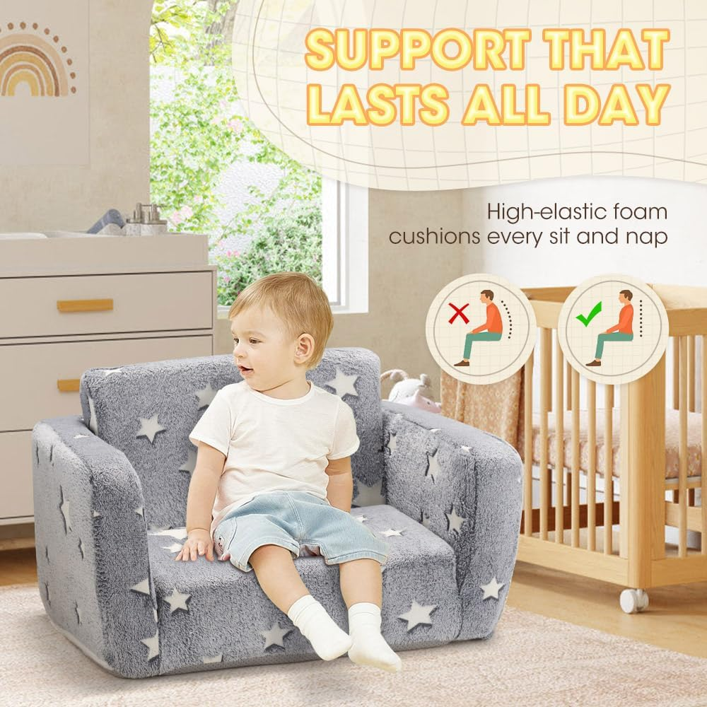 Playpals Kids Sofa Couch 2-In-1 Kids Flip Out Sofa, Convertible Sofa Bed to Lounger with Cute Star Designs, Glow in the Dark, Removable Washable Cover, Kid Couch for Girls Boys, Grey image number 6