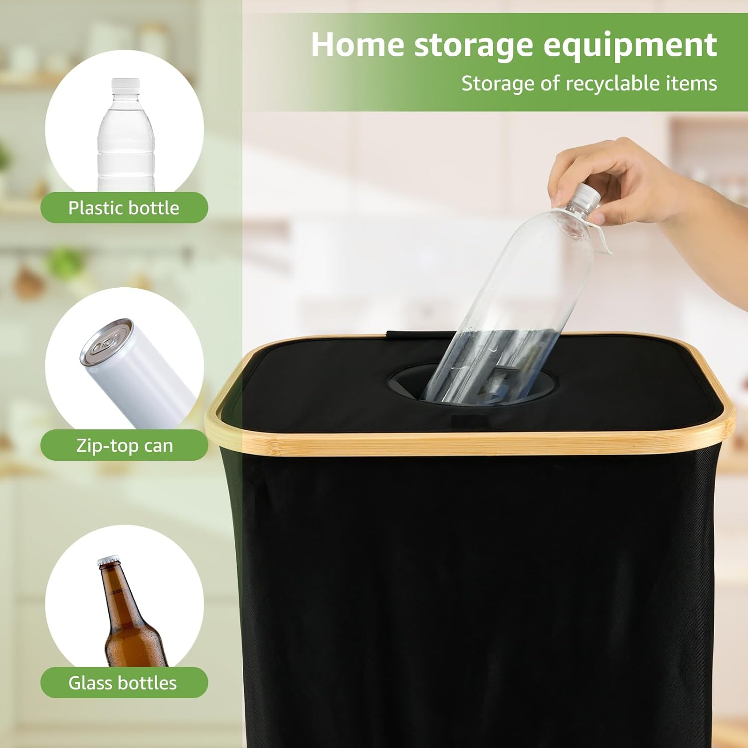105L Recycling Bin Large Capacity Recycle Bin with Lid Removable Reusable Bag Foldable Collecting Bottle Can Portable Recycling Storage Container Bamboo Handle Recycle Bottle Bin for Kitchen Indoor image number 6