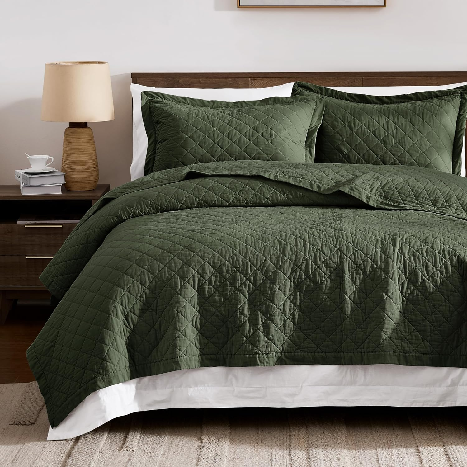 WDCOZY 100% Pre-Washed Cotton Oversized King Size Quilt Set - White California Cal King Soft Lightweight Bedspread, Textured like Linen, Farmhouse Country Rustic Coverlet, Diamond Stitch Bedding