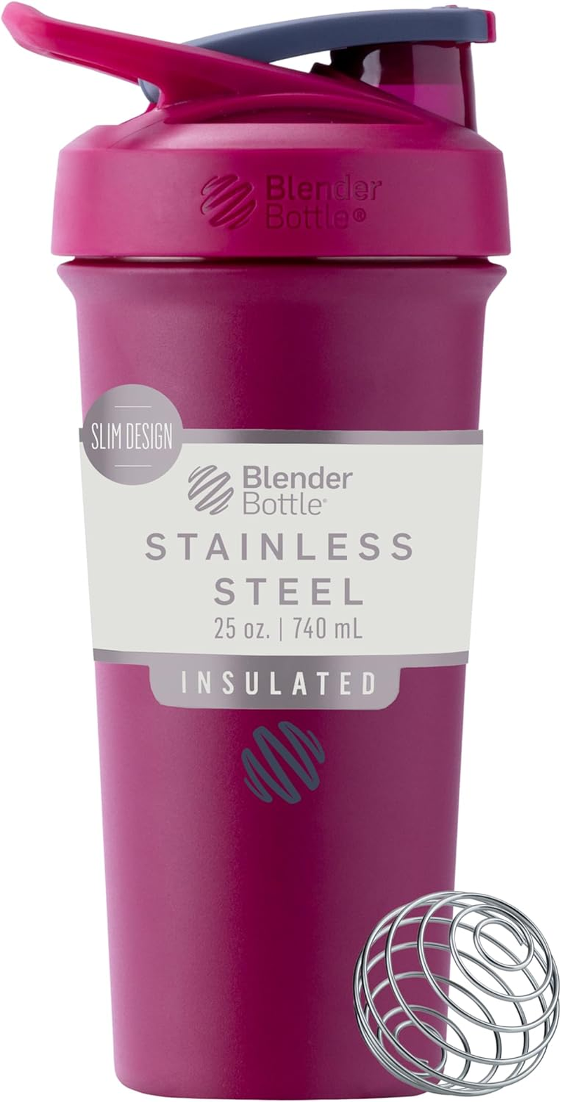 Blenderbottle Strada Sleek Shaker Cup Insulated Stainless Steel Water Bottle with Wire Whisk, 25-Ounce, Raspberry
