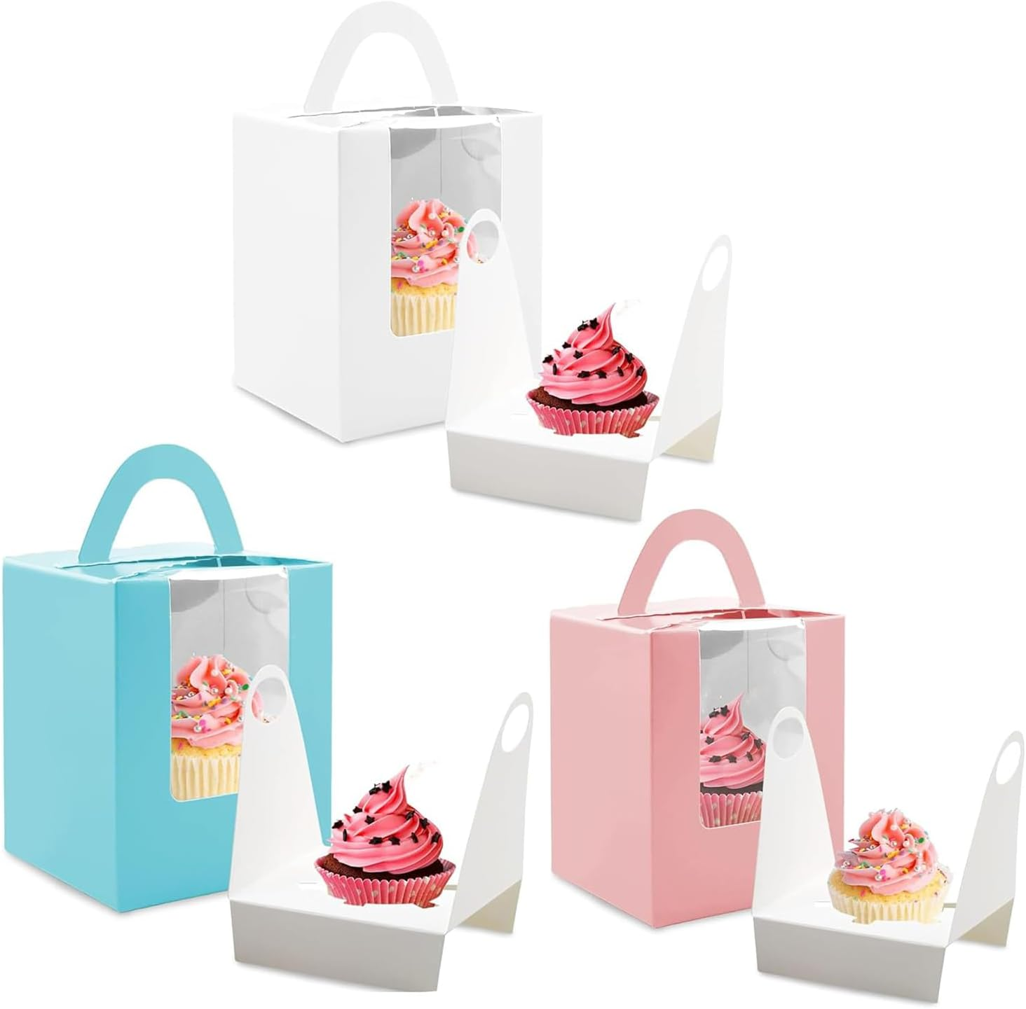 Cupcake Boxes, 15PCS Individual Cupcake Containers, Cupcake Boxes with Window, Food Grade Cupcake Holders with Inserts, Pastry Containers with Handle for Wedding Birthday Parties (3 Style) image number 4