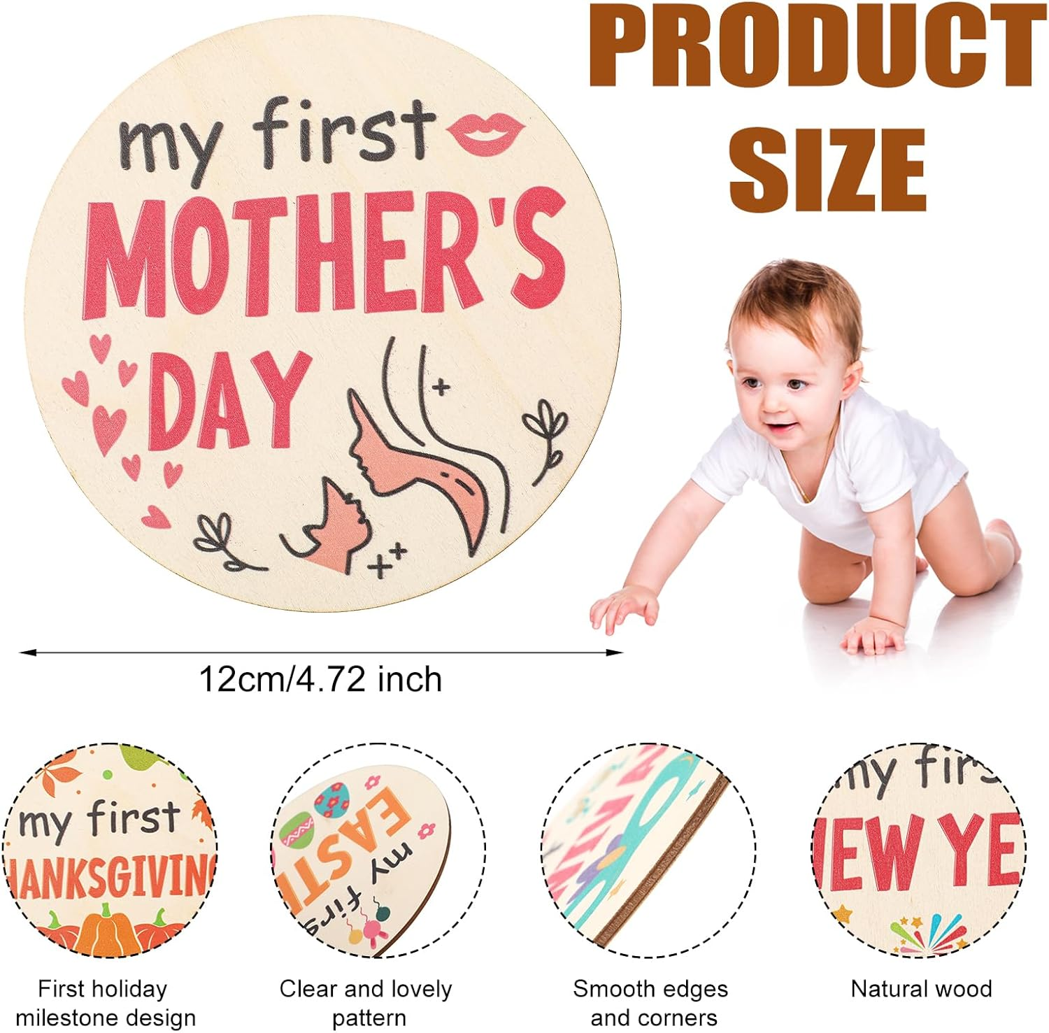 7Pcs My First Holiday Baby Milestones Cards, My 1St Signs of 14 Holidays Wooden Circles New Baby Sign Double Sided Baby Announcement Sign Photo Props for Baby Shower Party Supplies Gift image number 5