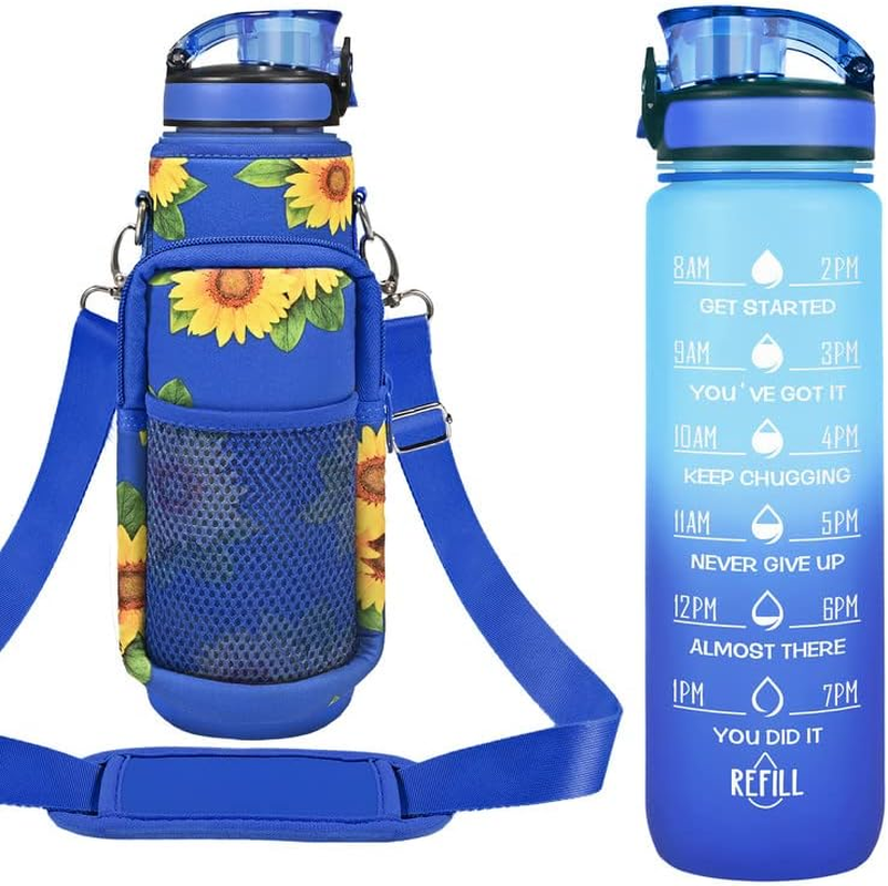 32 Oz Water Bottles with Straw & Strap, Motivational Water Bottles with Times to Drink, BPA Free Reusable Sports Water Bottle with Sleeve Carrier for Hiking, Travel, Running or Fitness (Sunflowers)