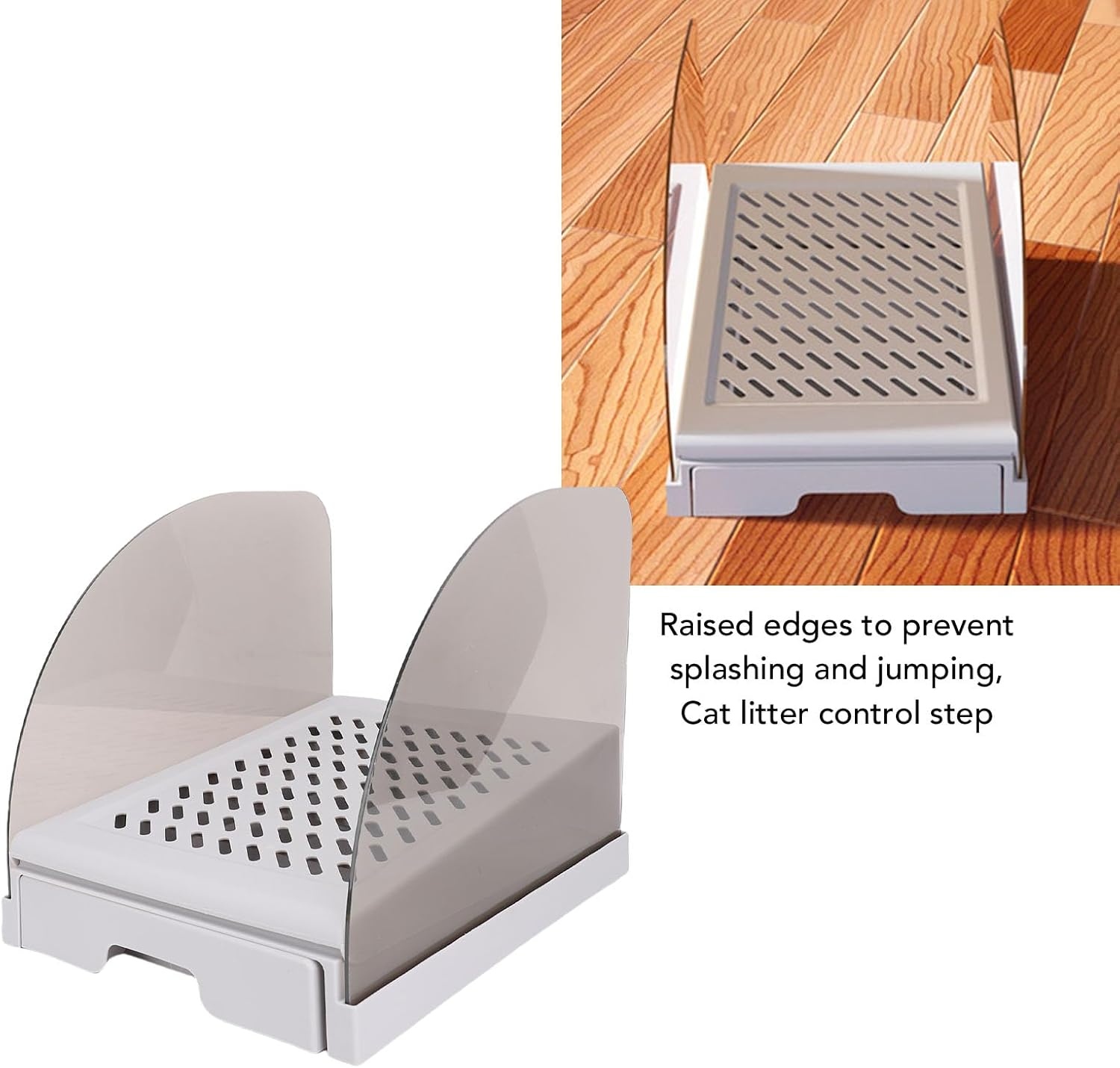 Cat Litter Box Ramp, Adjustable Height Litter Box Step Tool with Drawer and Baffles, anti Tracking and Easy to Clean, Elevated Stairs Easy Entry for Small Elderly Cats (Grey) - White image number 2