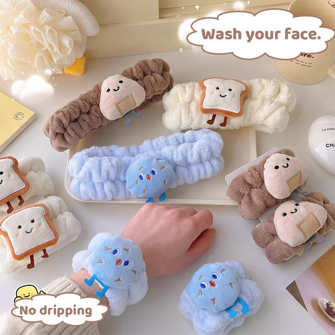 Spa Face Headband Wrist Wash Bands Set Face Wash Bracelets Elastic Makeup Hair Band Sweatband for Makeup and Washing Face Women Spa Yoga Shower, Coffee Colour image number 3