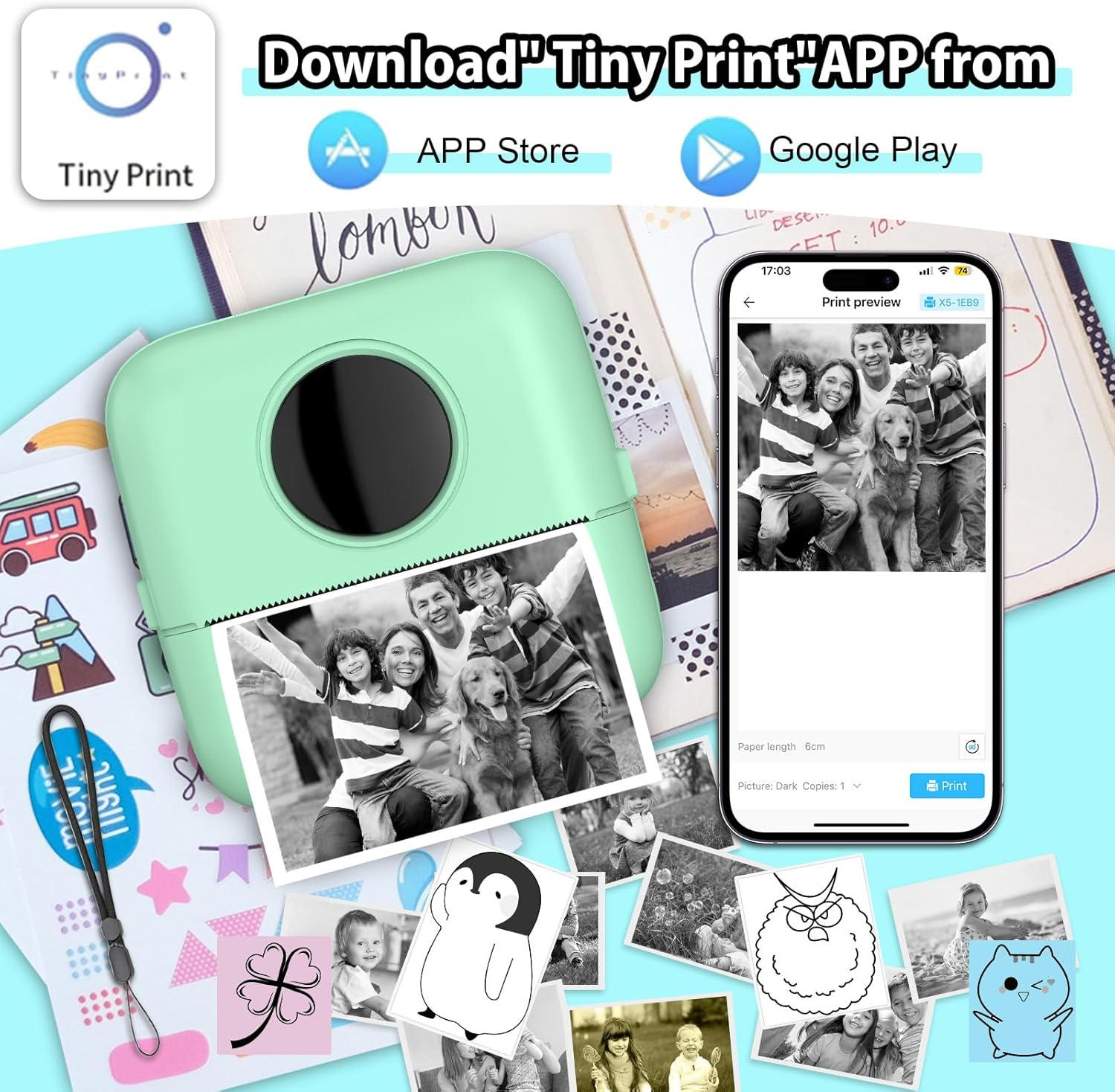 Huijukeji Inkless Sticker Printer Mini Thermal Printer with 10 Rolls Thermal Paper,Color Pen for Ios&Android, Bluetooth Pocket Printer Smart Portable Receipt Printer for Photo Journal Notes Memo-Green - Orange image number 4