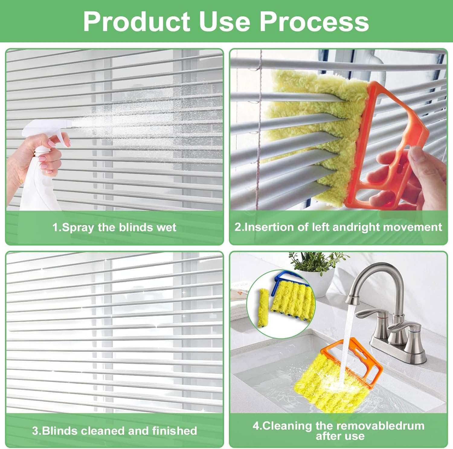 HAOHOMIO 4Pcs Blind Cleaner Duster Tool Set with 7-Finger & 3-Finger Brushes，Washable Multi-Surface Dusting Kit for Wood Blinds, Venetian Blinds, AC Vents, Car Vents, Shutters & Fans (Yellow+Green) - Yellow+Green+2Small image number 2