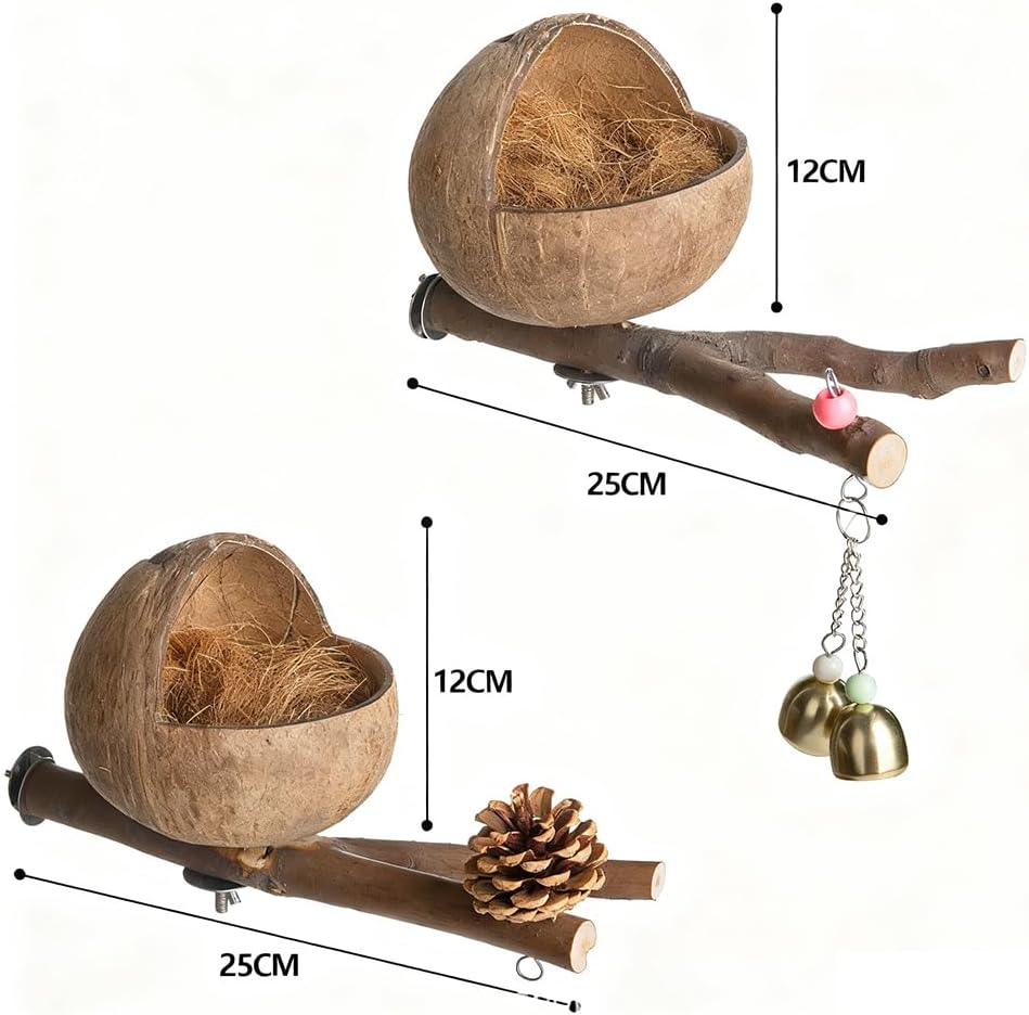 Natural Coconut Shell Bird Nest, Handmade Parrot Nesting House &ndash; Soft Fiber Lining & Durable Shell, with Pinecone/Bell Decor for Pet Birds (25 X 12 Cm) image number 1