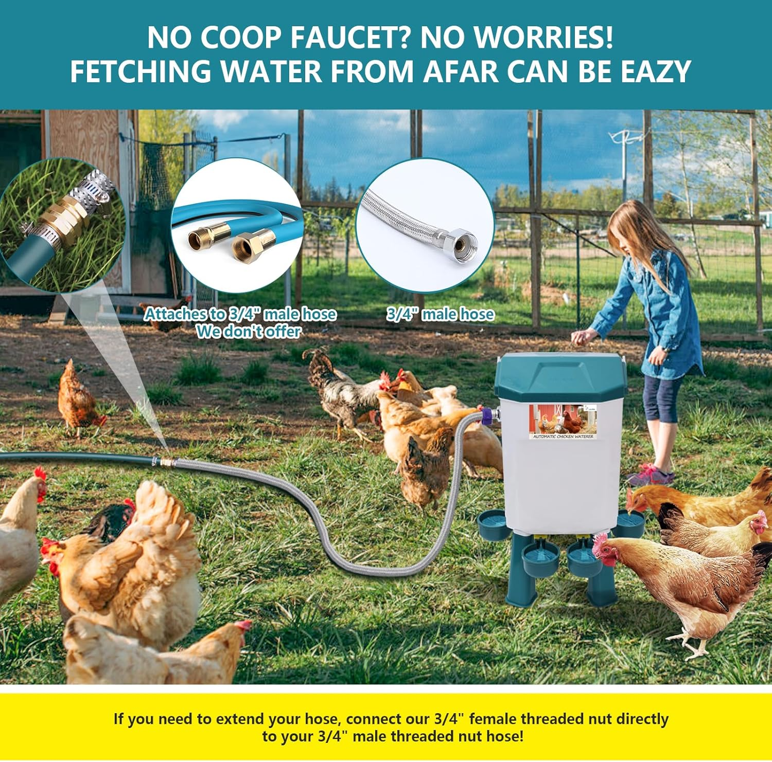 Lilyang Float-Controlled Automatic Chicken Waterer for Continuous Fresh Water, Self Filling Chicken Waterer with 60 Inch Water Hose (One End 3/4''), Suitable for Quail Duck Turkey image number 1