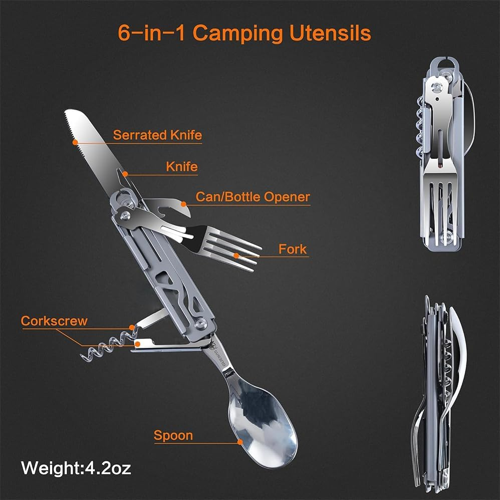 6-In-1 Multi-Functional Stainless Steel Portable Utensil Set &ndash; Detachable Cutlery for Camping, Travel, and Outdoor Adventures, Folding Spoon, Fork, Knife, Wine Bottle Can Opener Portable. image number 1
