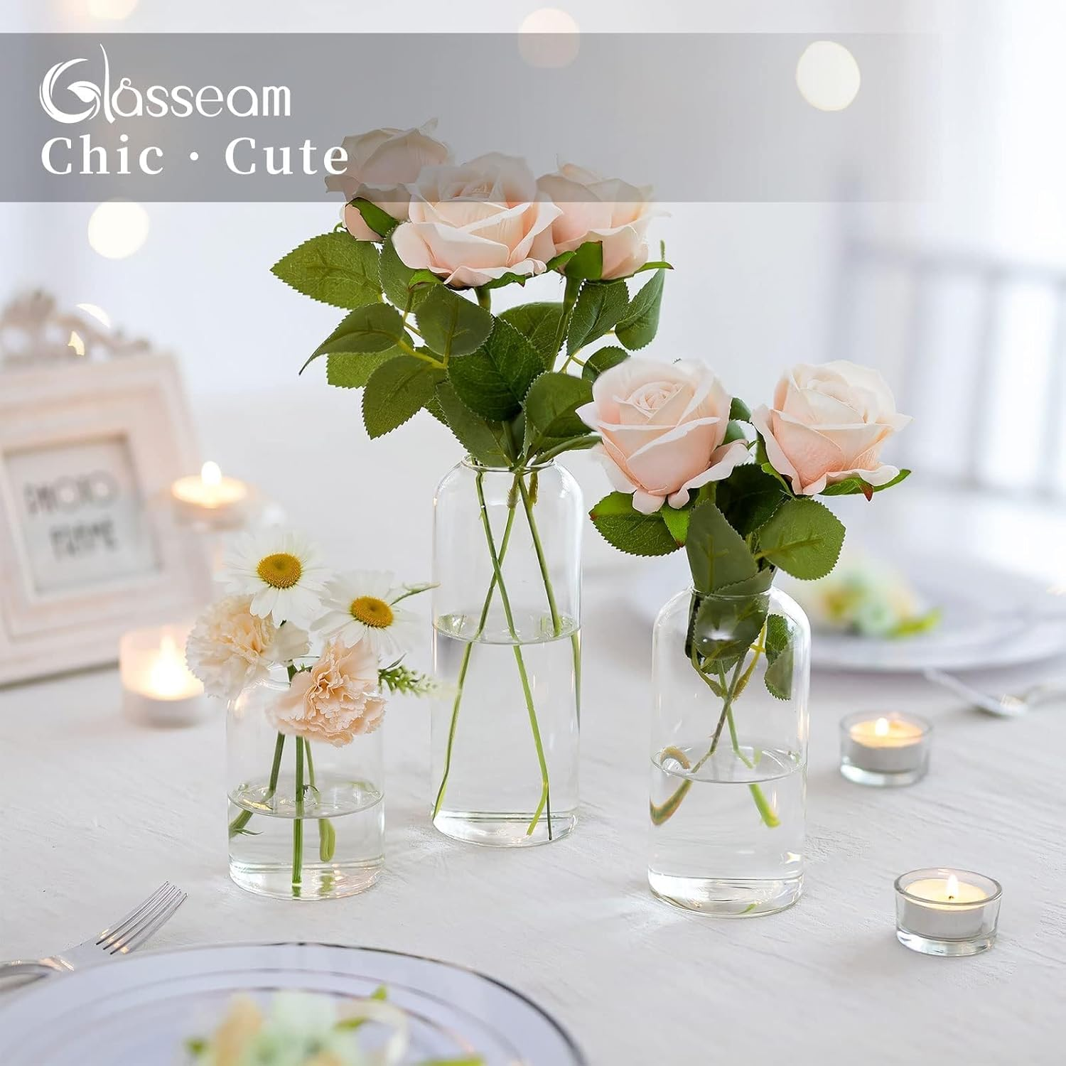 Glasseam Glass Bud Vases for Centerpieces - Clear Small Flower Vases, Set of 12, Handmade Modern Decorative Vases for Flowers, Wedding Centerpiece, Dining Table Decoration