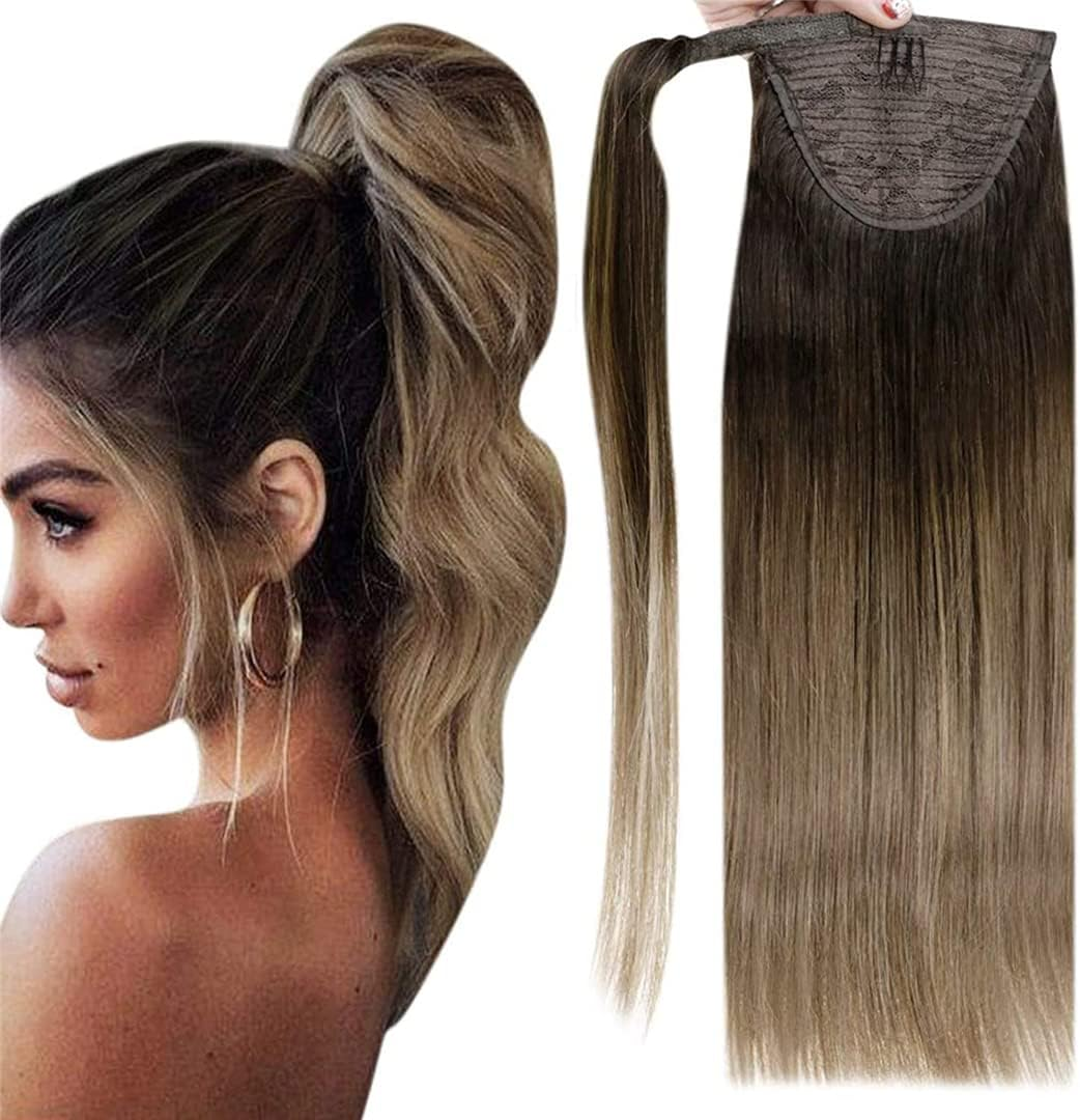 Ponytailtail Human Hair Straight Wrap around Ponytailtail Clip Brown Ponytailtail 70Grams No Claw Clip 18P613 12 Inches 70G image number 2