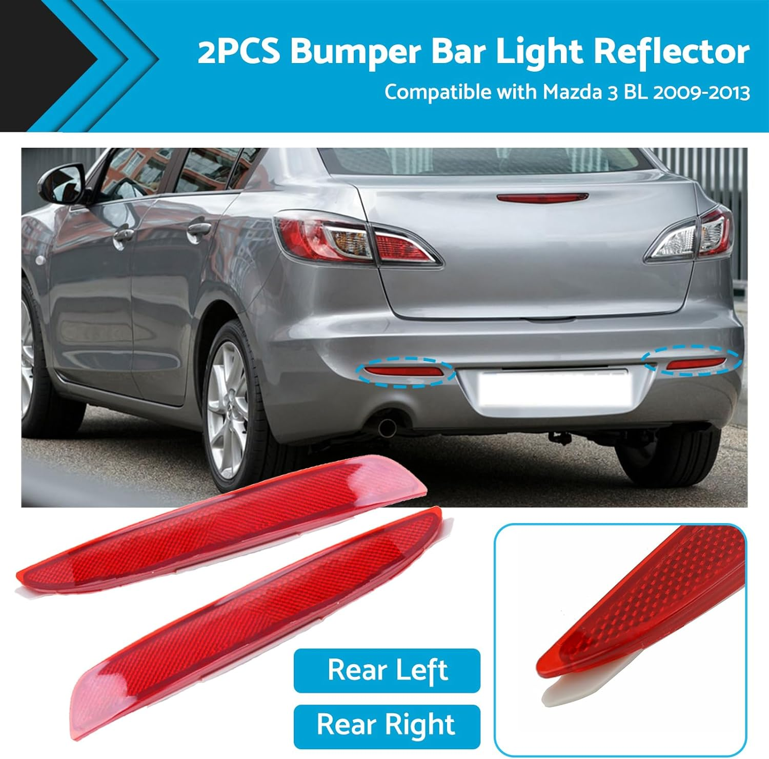 2PCS Rear Bumper Bar Light Reflectors Suitable for Mazda 3 BL 2009-2013 LH Left+Rh Right image number 3