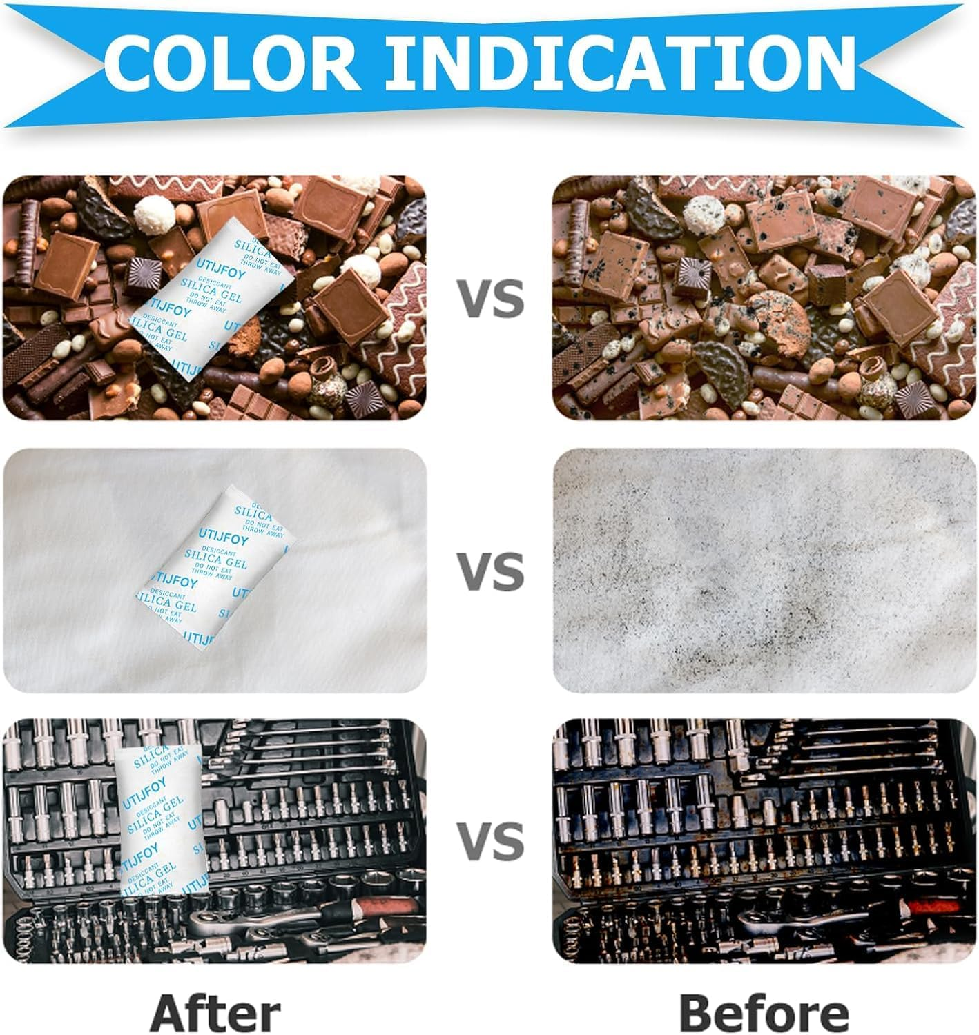 Silica Gel Packets 50 Gram [20 Packs], Moisture Absorber Sachets with Color Indicator, Reusable Desiccant for Food Storage, Electronics & Closet（2 Packs in Individual Bag） image number 3