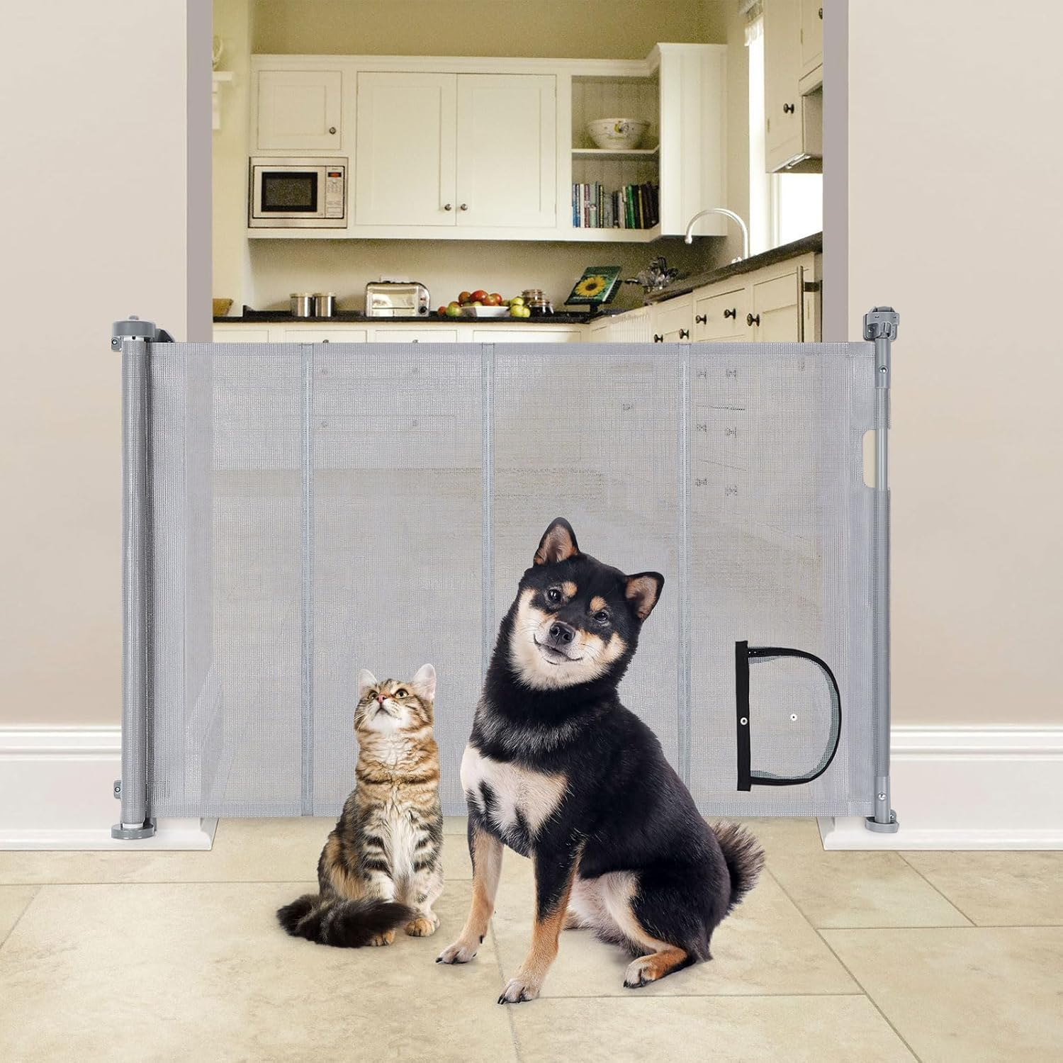 Ownpets Retractable Dog Gate with Cat Door 71 Inch Extra Wide Pet Gate, Retractable Gate for Cat/Puppy Dogs/Small Pet, Mesh Dog Gate for Stairs Doorways Hallways Indoor,Outdoor,Grey image number 1