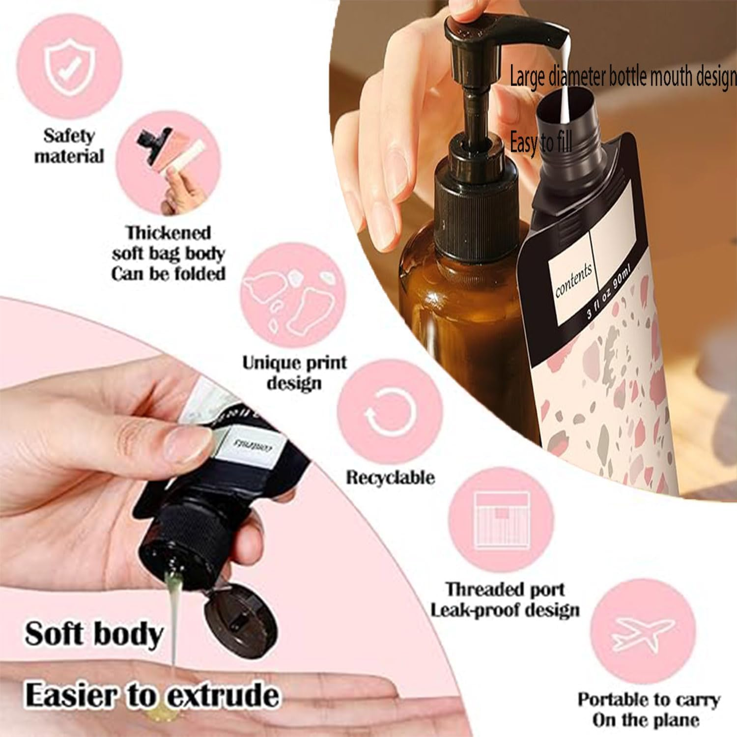 Roczential 6 Pcs Leak Proof Refillable Compression Bag, 90Ml Colorful Leak Proof Refillable Squeeze Pouches, Refillable Travel Pouches Proof Squeeze for Shampoo Conditioner Lotion Soap Hand Soap image number 2