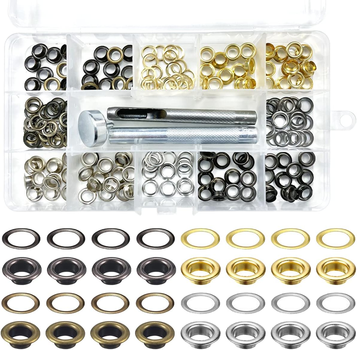 BEZANU Grommet Tool Kit, 100Set Metal Grommet Eyelets with 3Pcs Install Tool for Shoes, Fabric, Canvas, Clothing, Leather (4 Color, 1/4Inch)