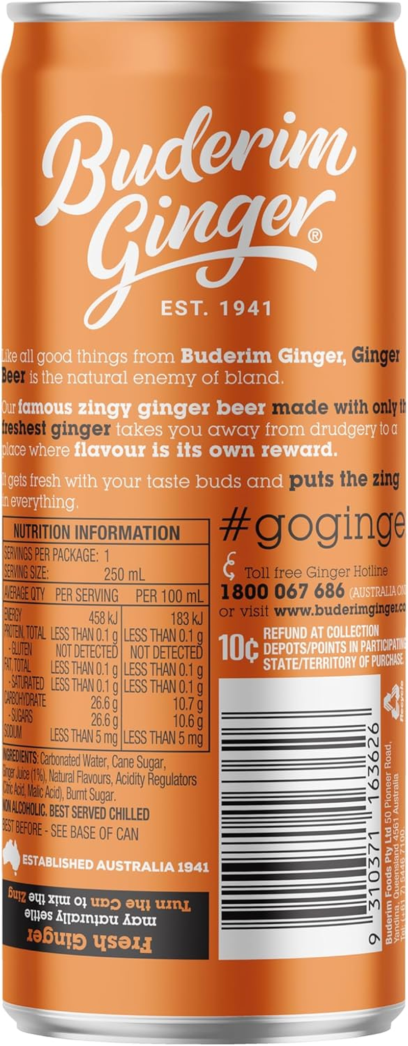 Buderim Ginger Non-Alcoholic Ginger Beer, 4 X 250 Ml Cans, Made with Fresh Ginger, Super Refreshing, Great as a Mixer image number 5