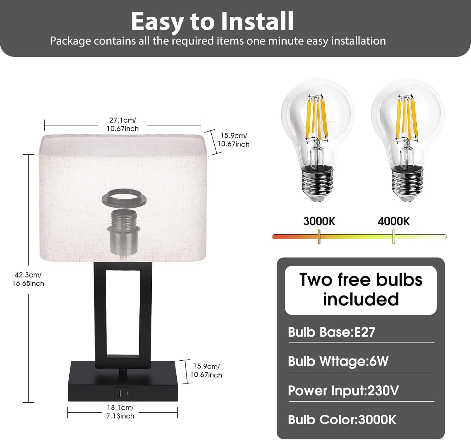 Set of 2 Touch Control Table Lamps for Bedroom: Dimmable Bedside Lamp with USB A/C Ports - Fabric Shade Modern Nightstand Lamp image number 5