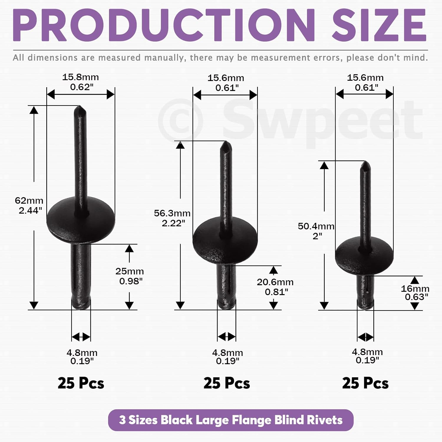 Swpeet 75Pcs 3/16" X 3/8" / 4/5" / 1" All Black Large Flange Aluminum Blind Rivets Kit, Black Pop Rivets Open End Type Pop Rivet for Indoor and Outdoor Use image number 5