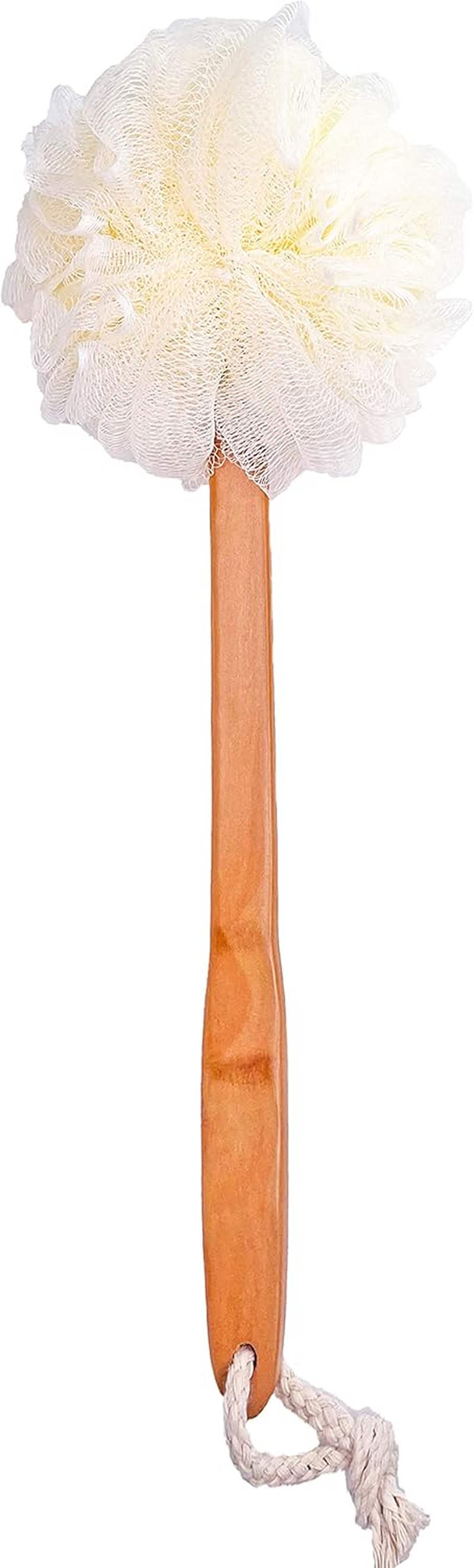 Shower Loofah Body & Back Scrubber - Exfoliating Loofah Bath Brush on a Stick - with Long Wooden Handle Back Brush for Men & Women - Easy Reach Body Wash & Lotion Applicator（White） image number 1