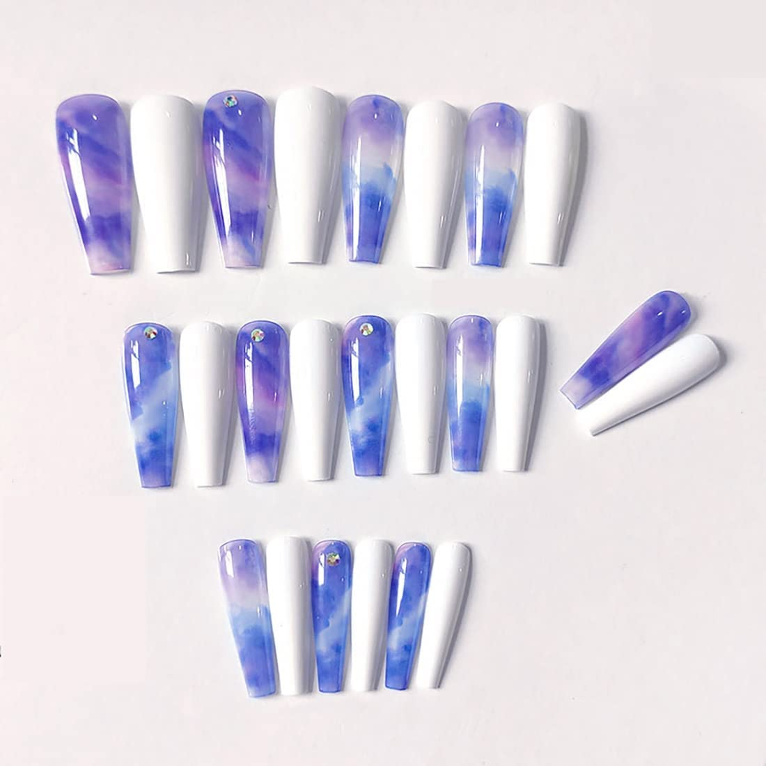 Fake Nails Long Coffin,Glossy Gradient Ballerina Blue False Nails with Rhinestone Design Full Cover Stick on Nails for Women and Girls 24 PCS image number 4